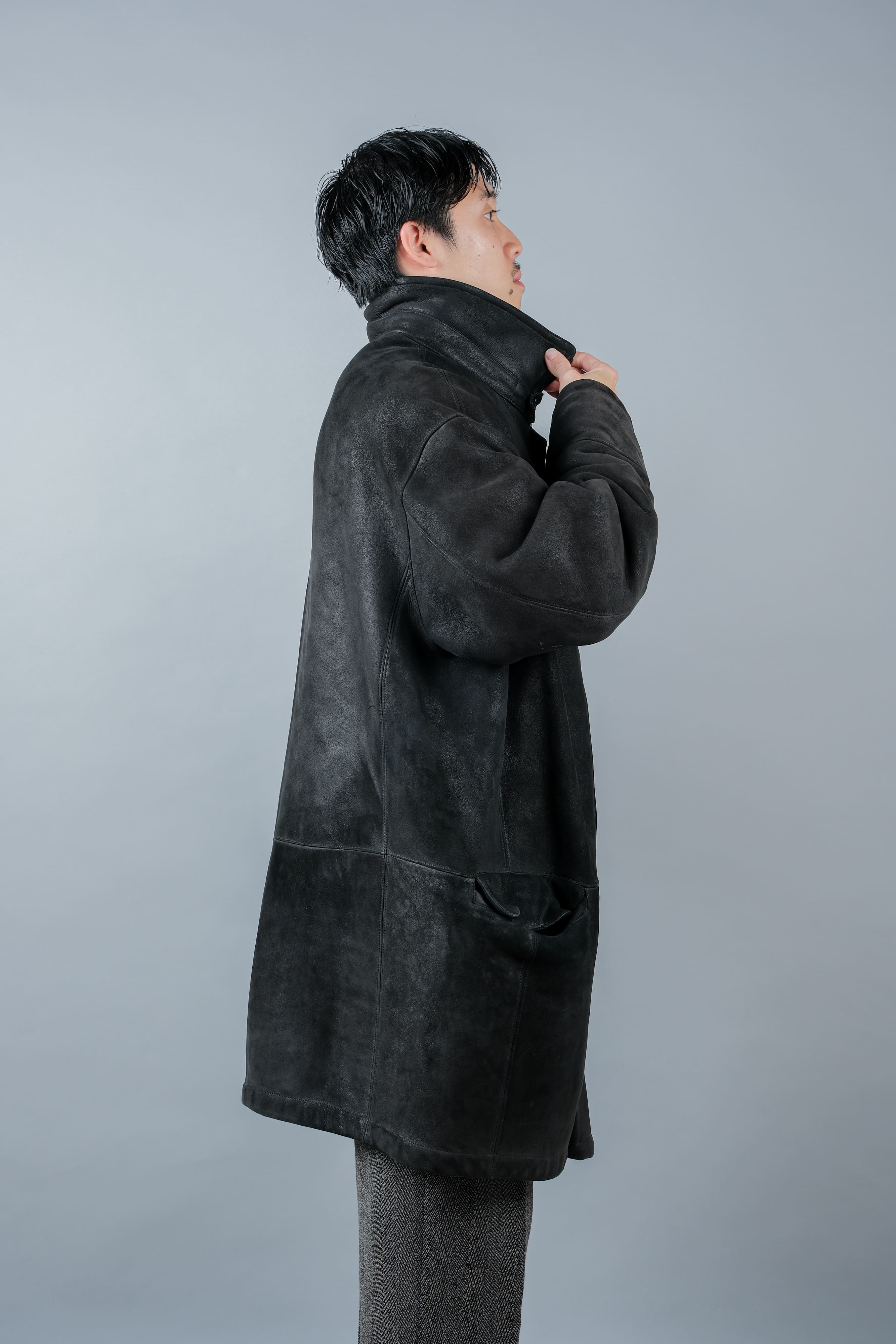 [~ 90's] Old Seraphin Black Leather Mouton Half Coat Size.54