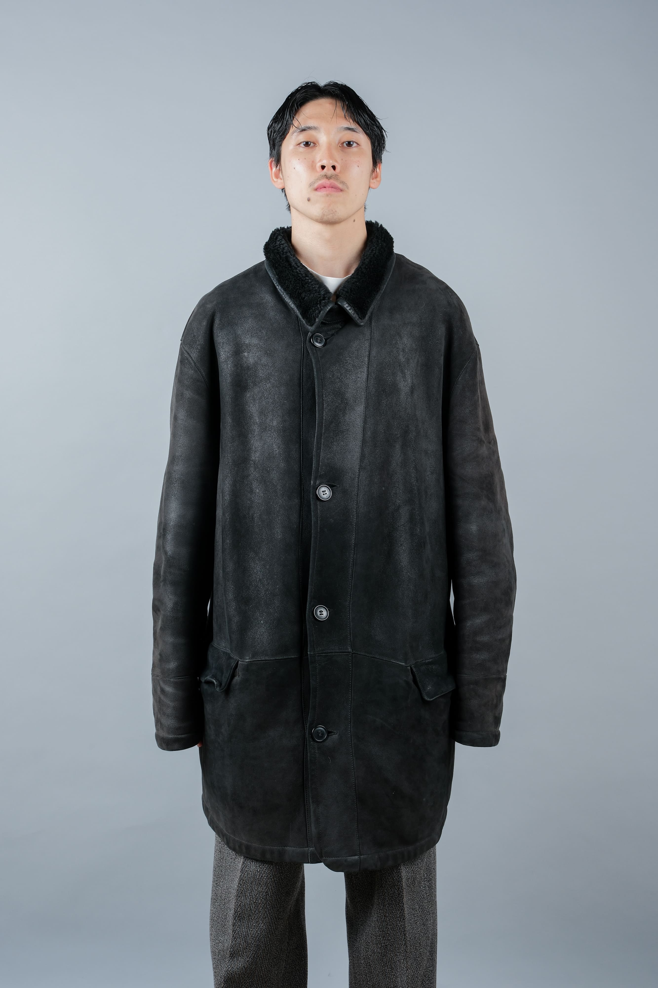 【~90's】Old SERAPHIN Black Leather Mouton Half Coat Size.54