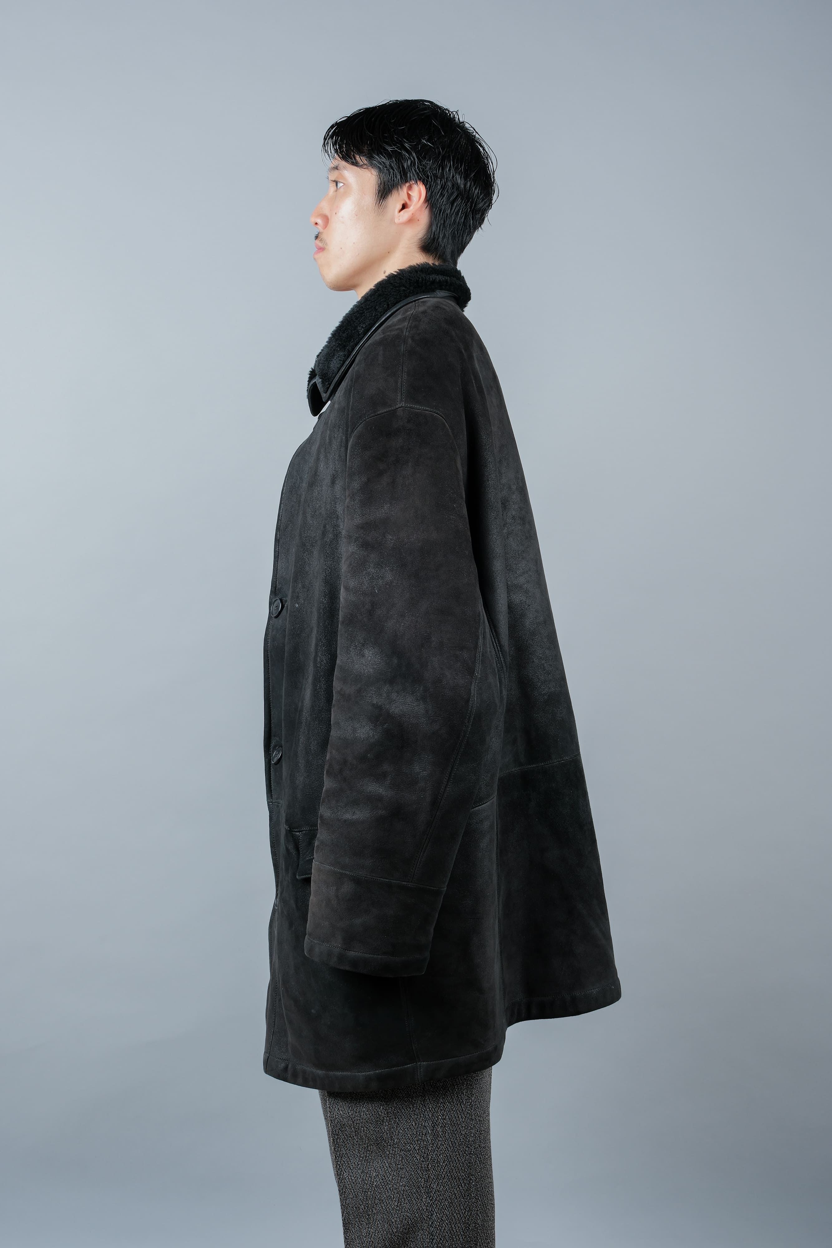 [~ 90's] Old Seraphin Black Leather Mouton Half Coat Size.54