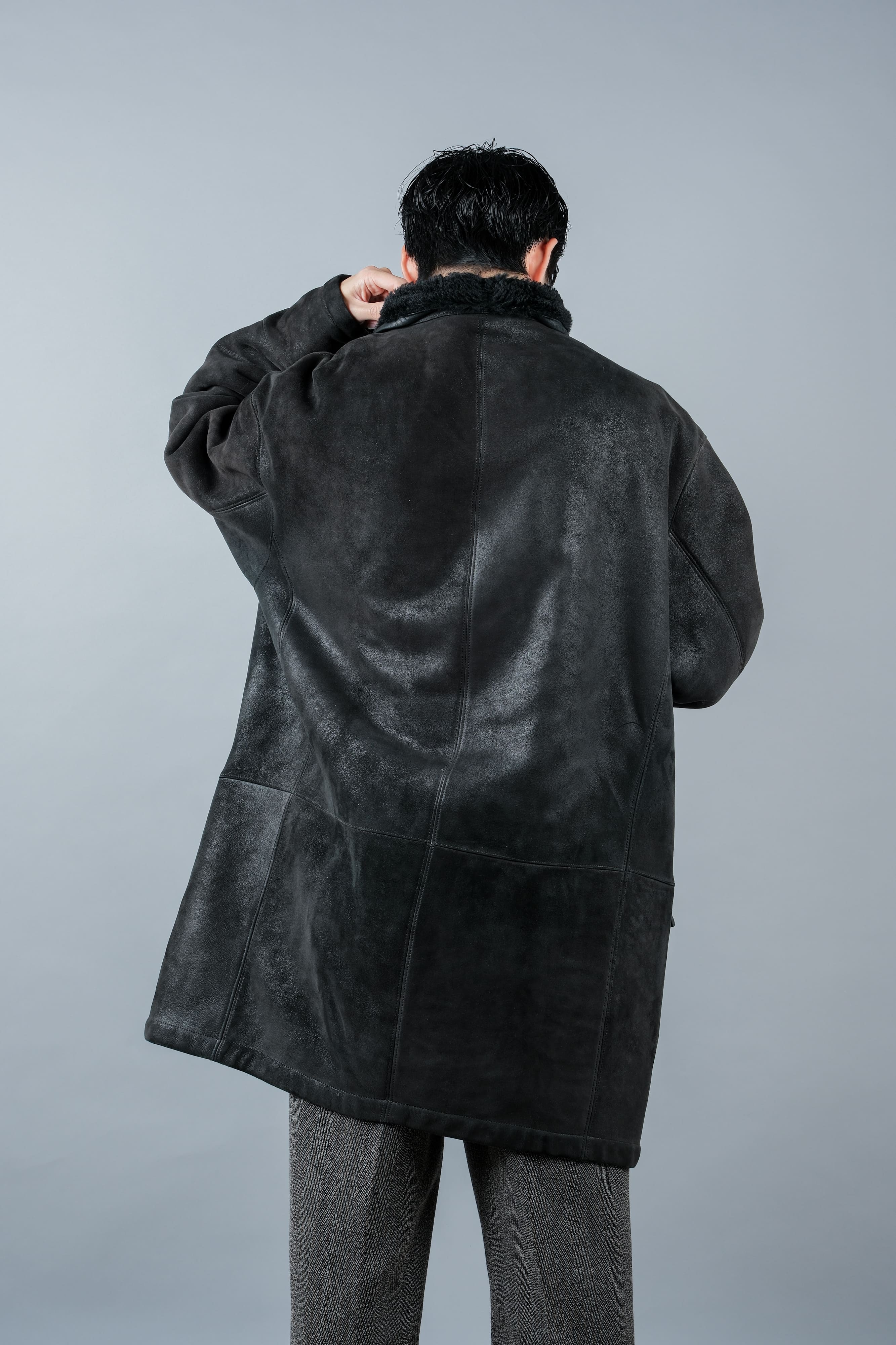 【~90's】Old SERAPHIN Black Leather Mouton Half Coat Size.54