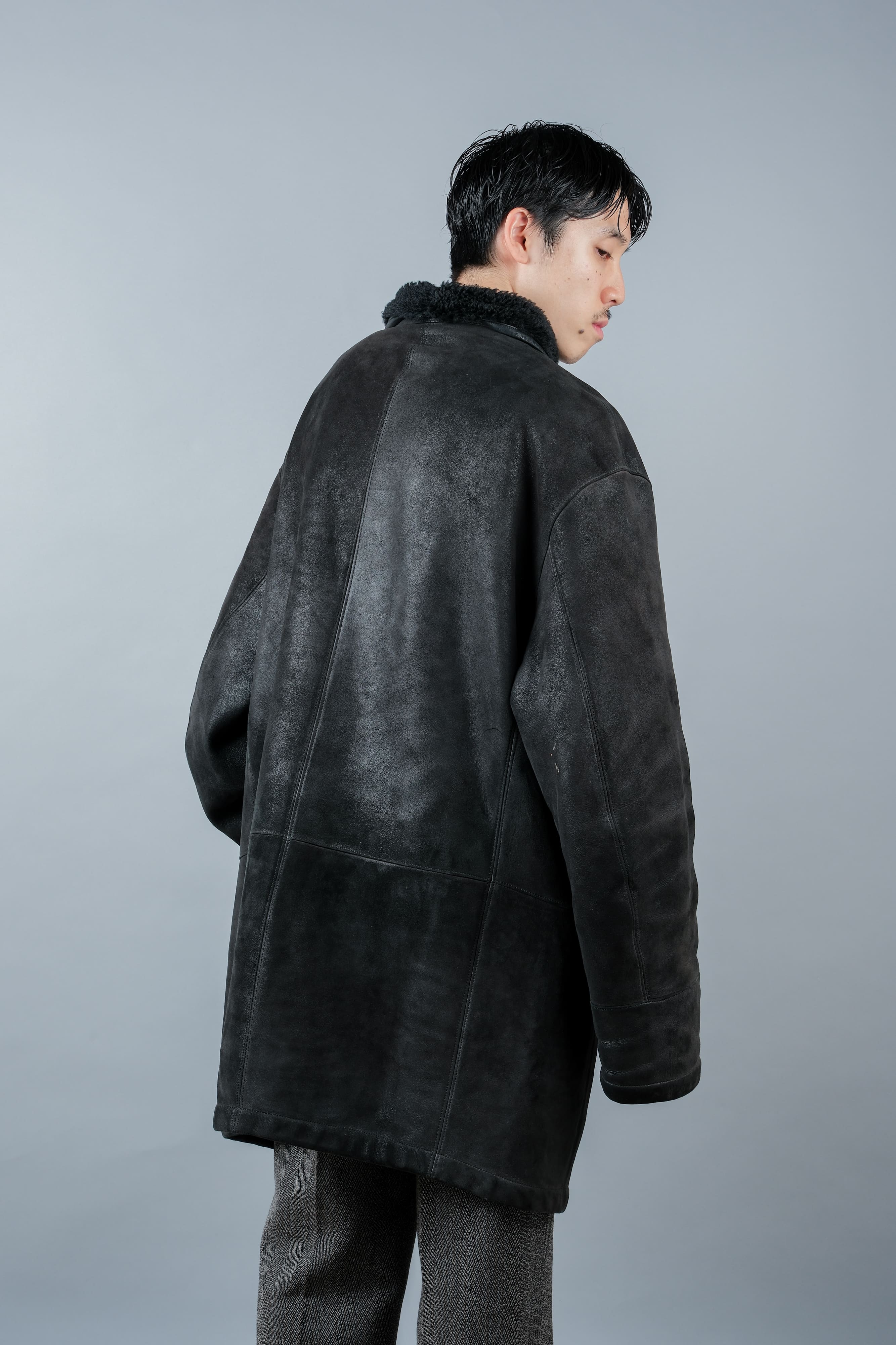 [~ 90's] Old Seraphin Black Leather Mouton Half Coat Size.54