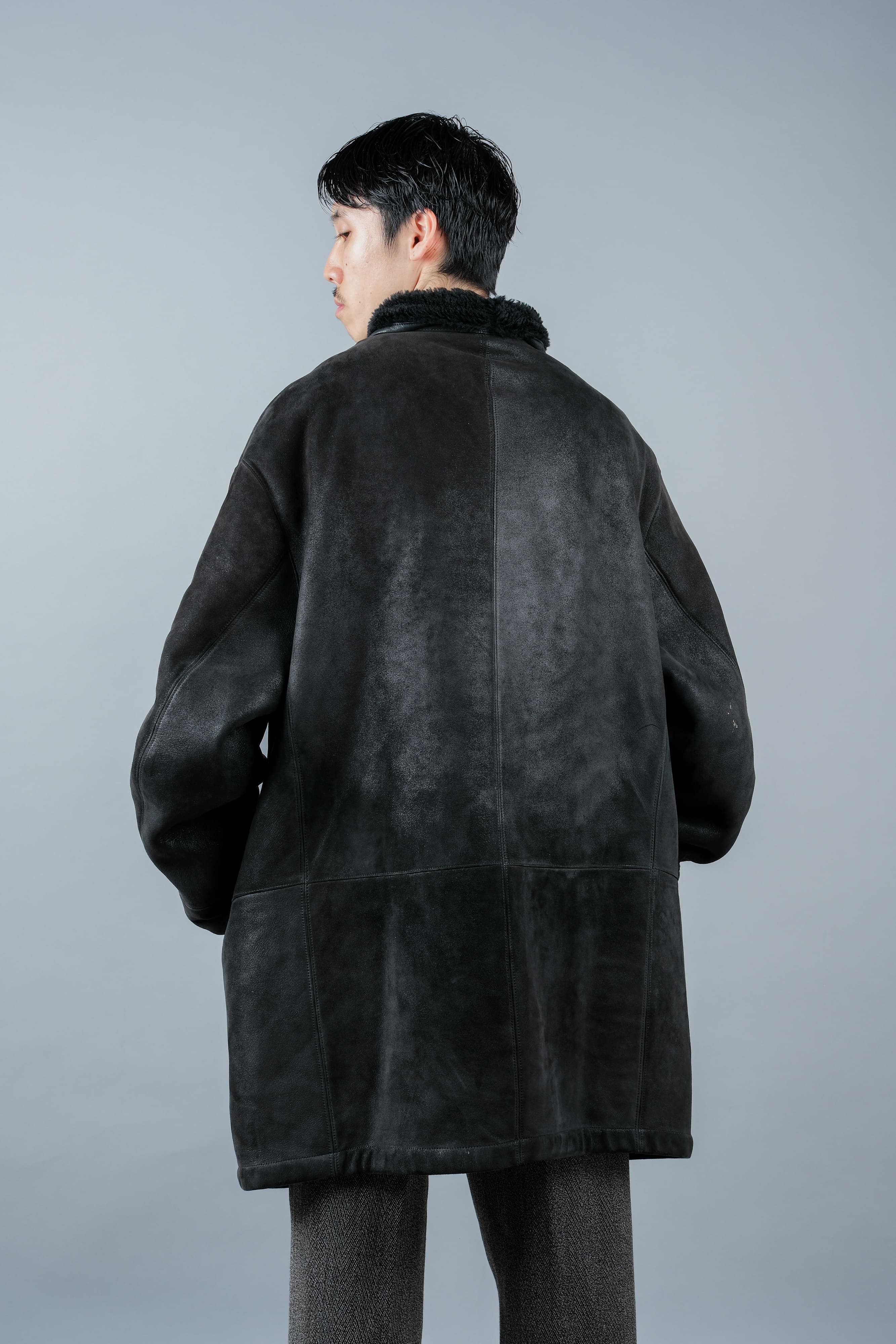 [~ 90's] Old Seraphin Black Leather Mouton Half Coat Size.54