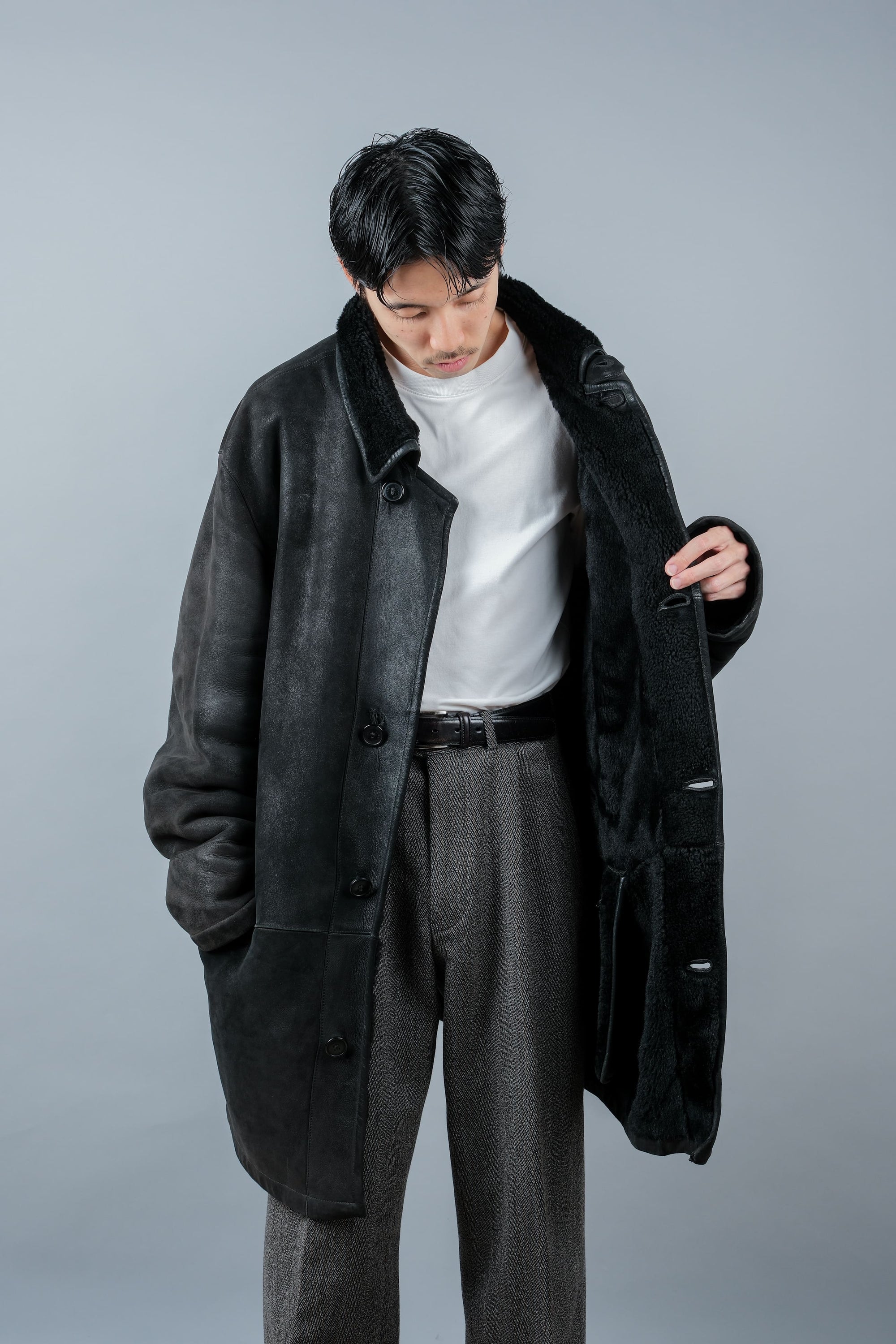 ［~90's］Old SERAPHIN Black Leather Mouton Half Coat Size.54