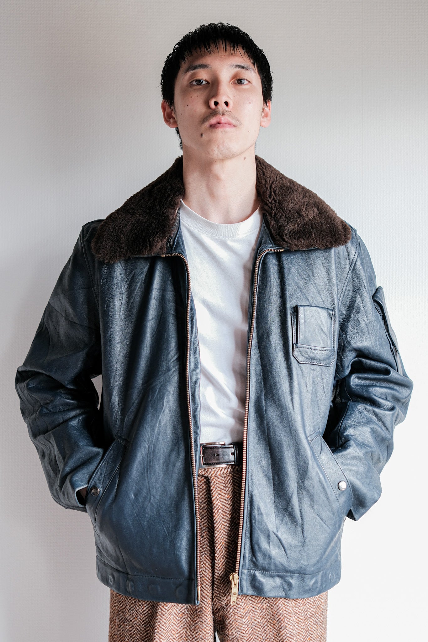 ［~70's］French Air Force Pilot Leather Jacket With Chin Strap Size.96L "Full Set"