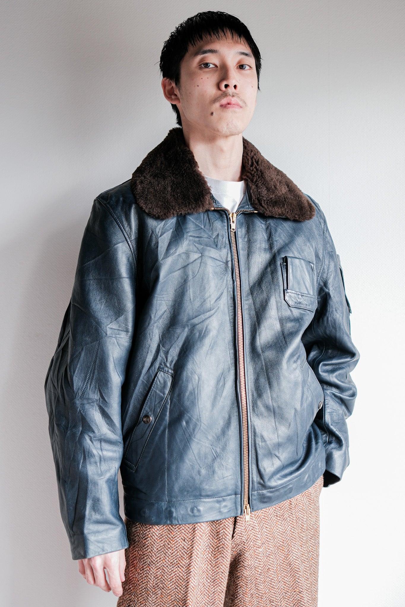 ［~70's］French Air Force Pilot Leather Jacket With Chin Strap Size.96L "Full Set"