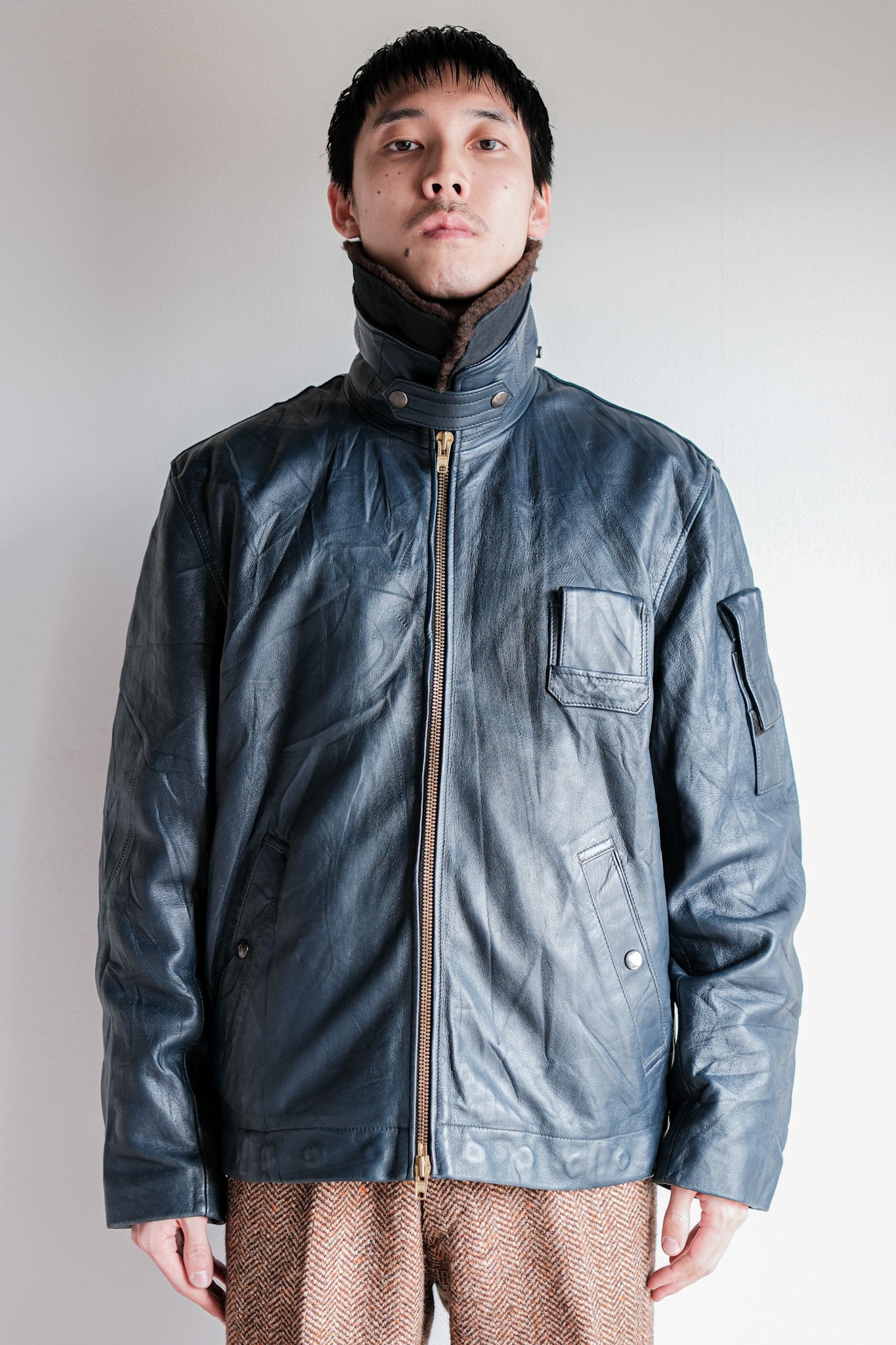 ［~70's］French Air Force Pilot Leather Jacket With Chin Strap Size.96L "Full Set"