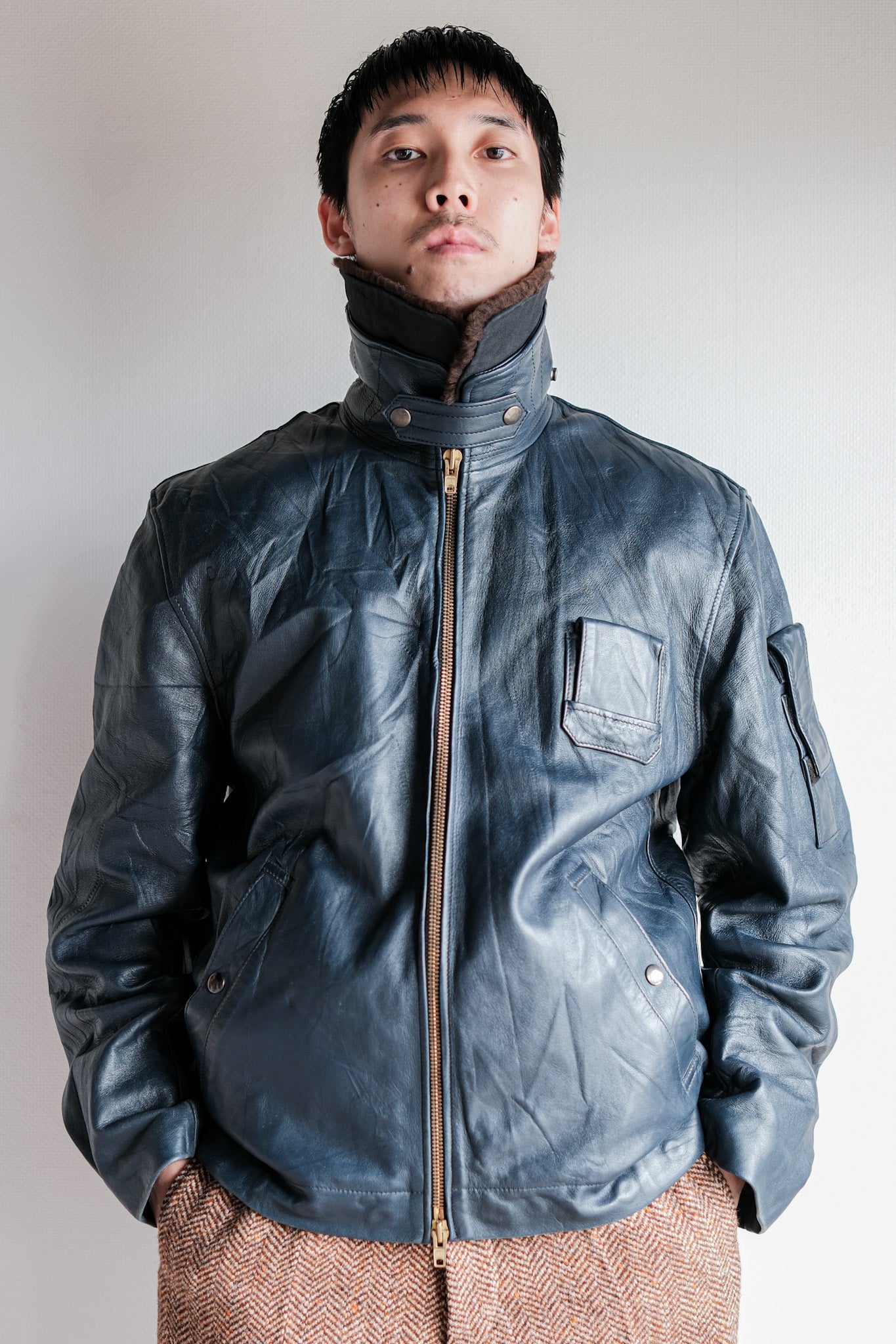 ［~70's］French Air Force Pilot Leather Jacket With Chin Strap Size.96L "Full Set"