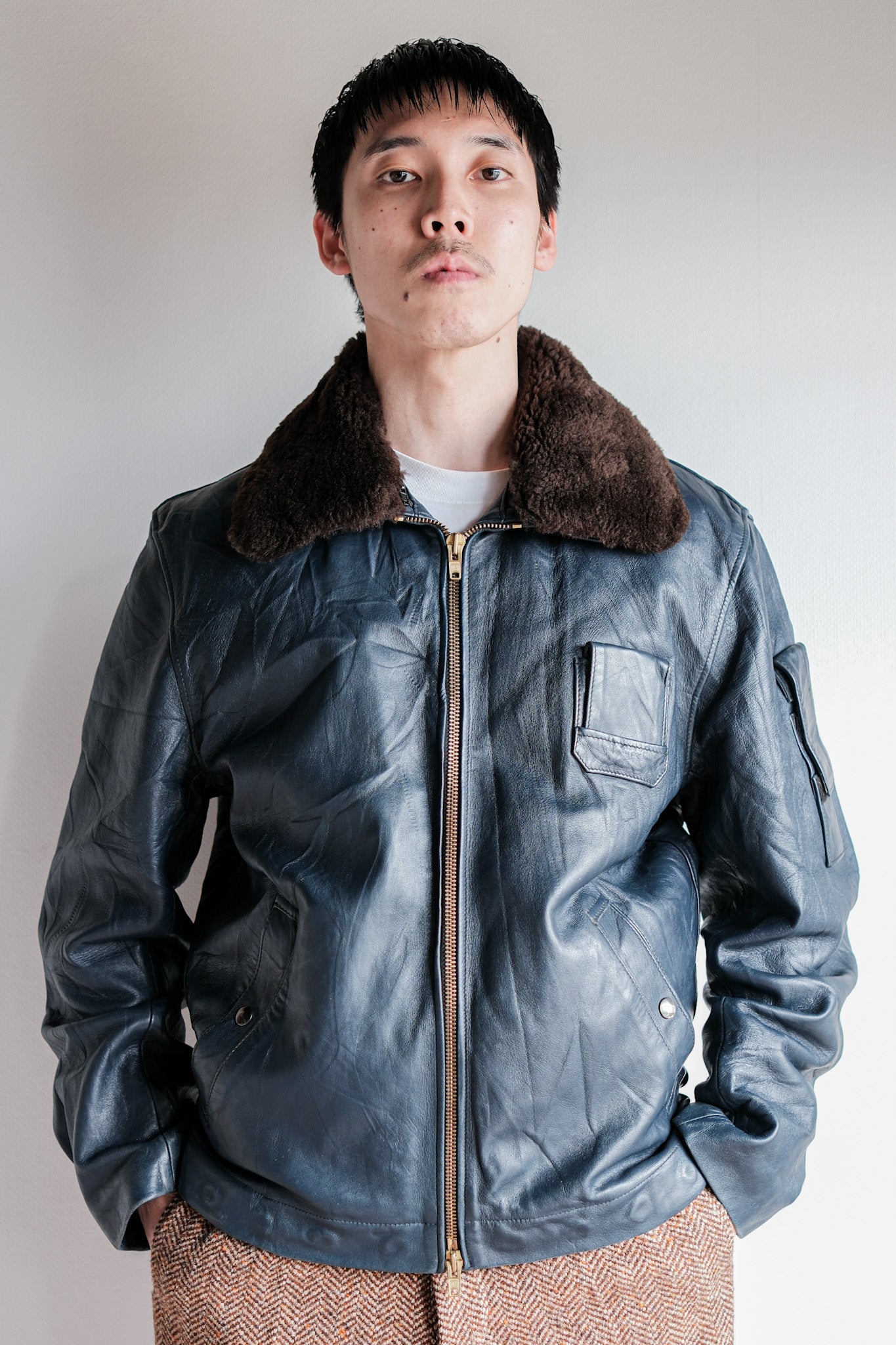 ［~70's］French Air Force Pilot Leather Jacket With Chin Strap Size.96L "Full Set"