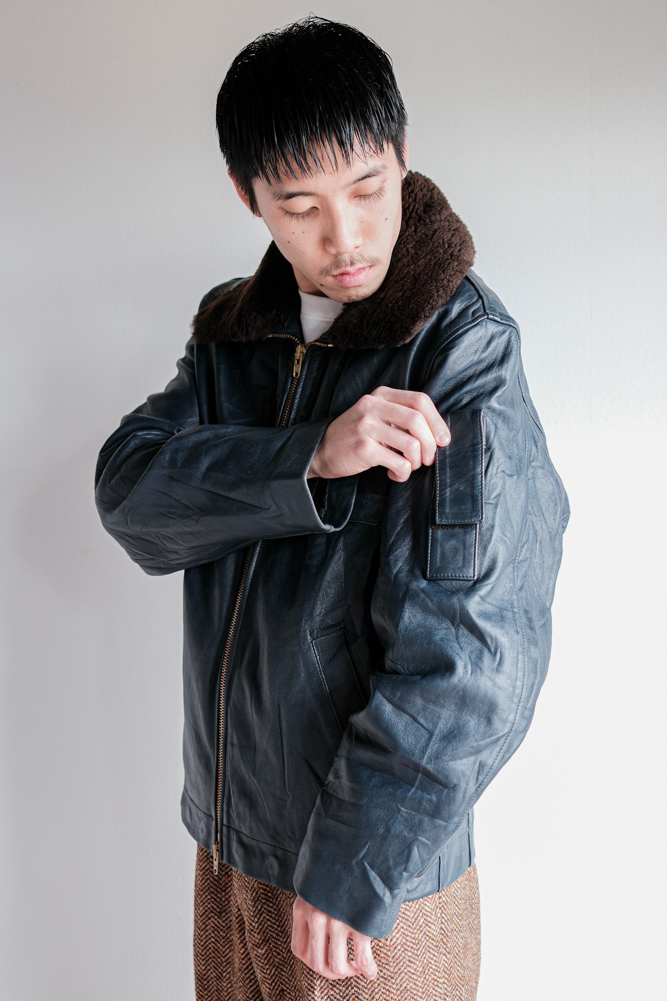 ［~70's］French Air Force Pilot Leather Jacket With Chin Strap Size.96L "Full Set"