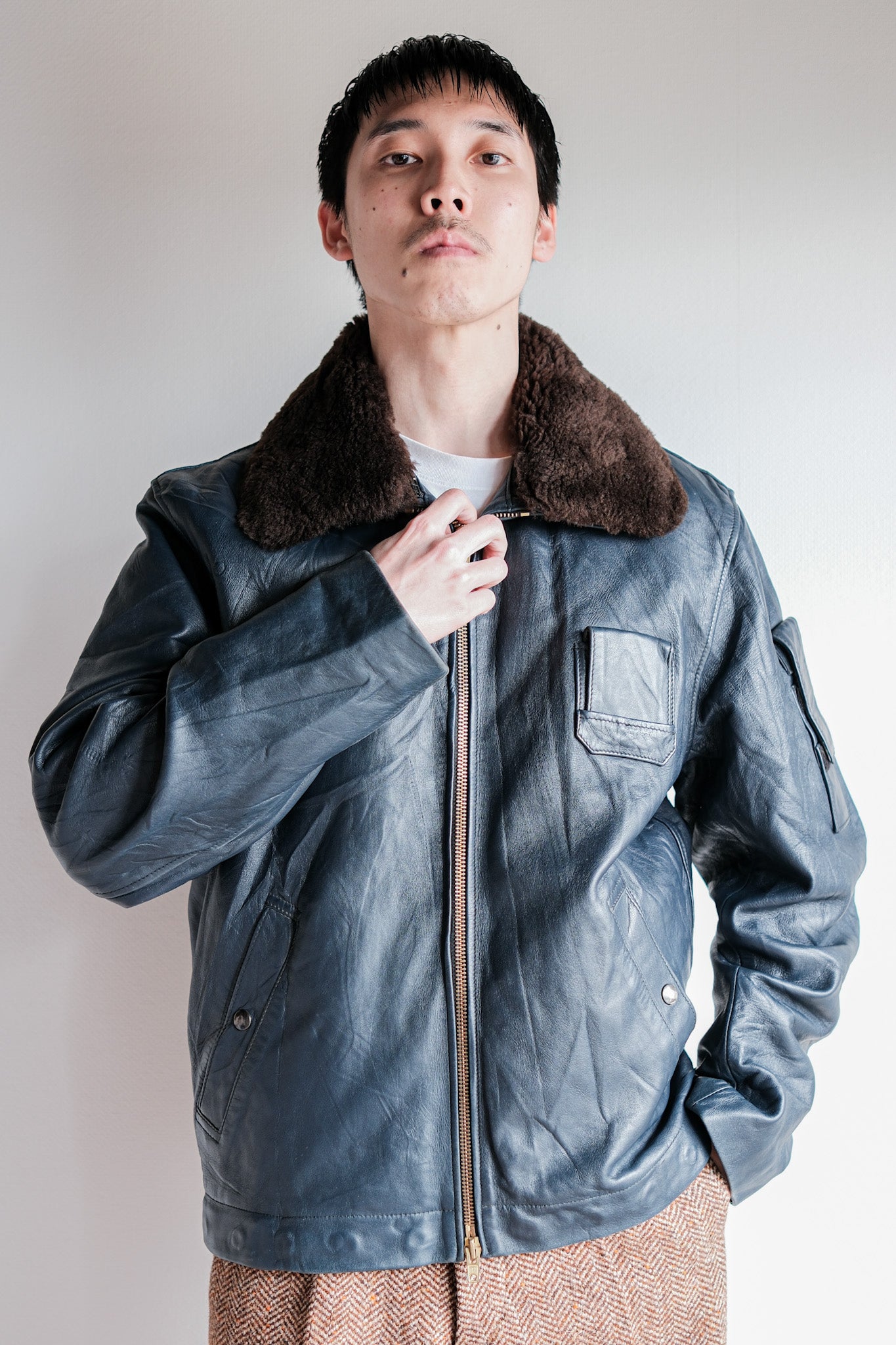 ［~70's］French Air Force Pilot Leather Jacket With Chin Strap Size.96L "Full Set"