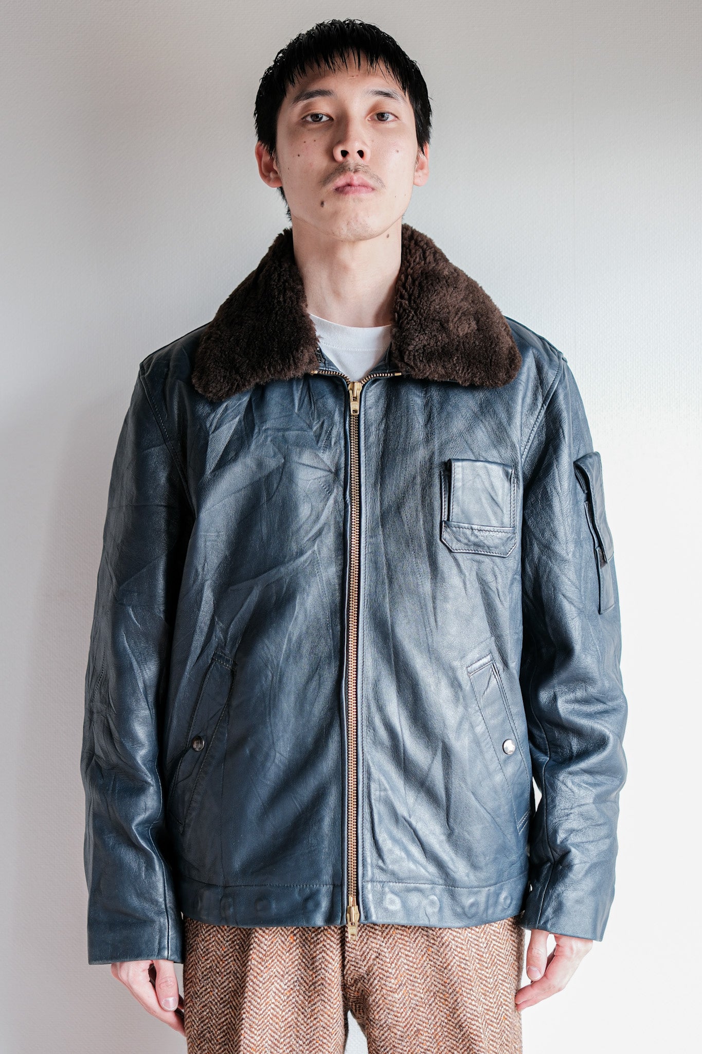 ［~70's］French Air Force Pilot Leather Jacket With Chin Strap Size.96L "Full Set"