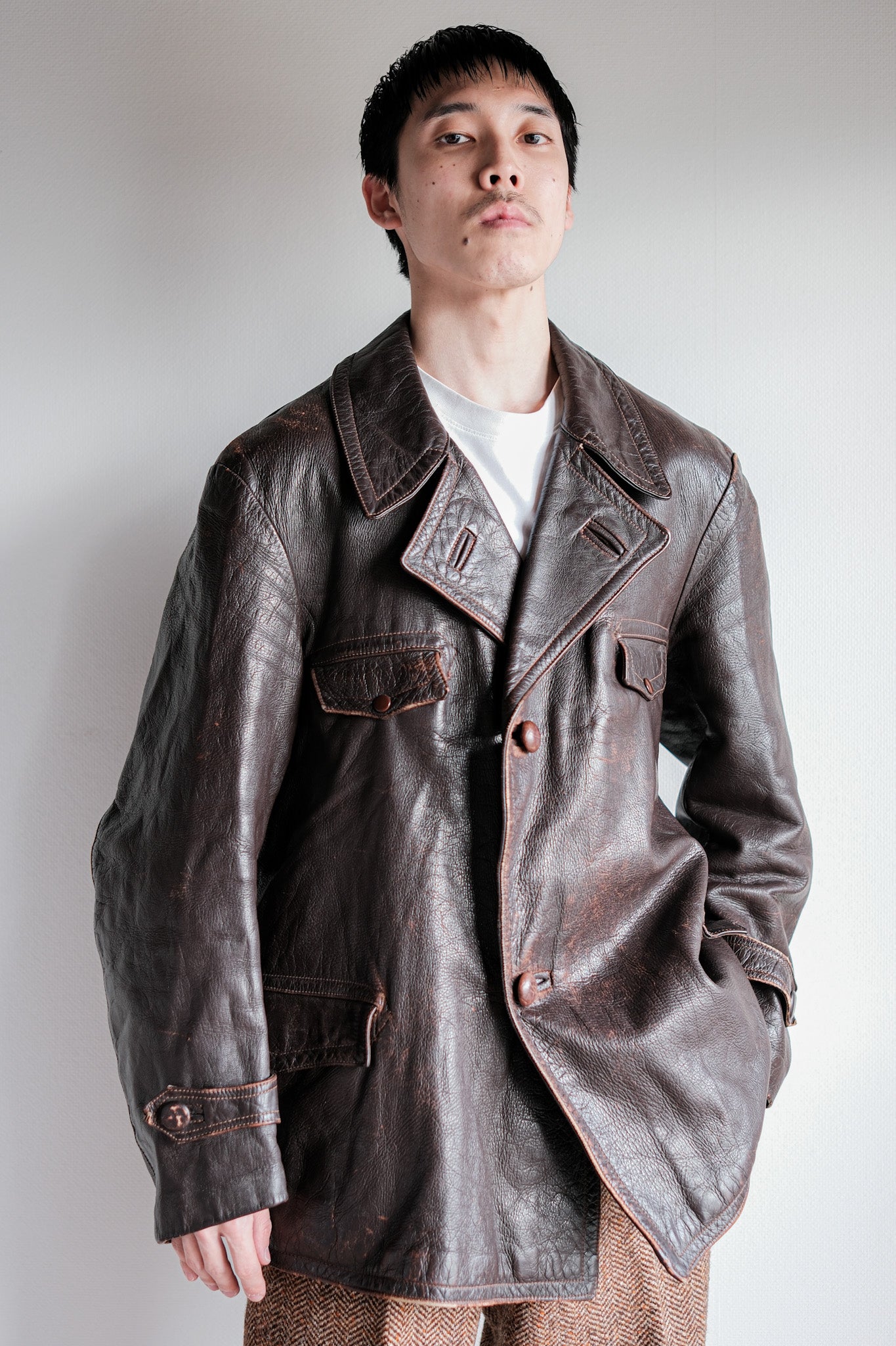 [〜40年代]法國復古棕色皮夾克