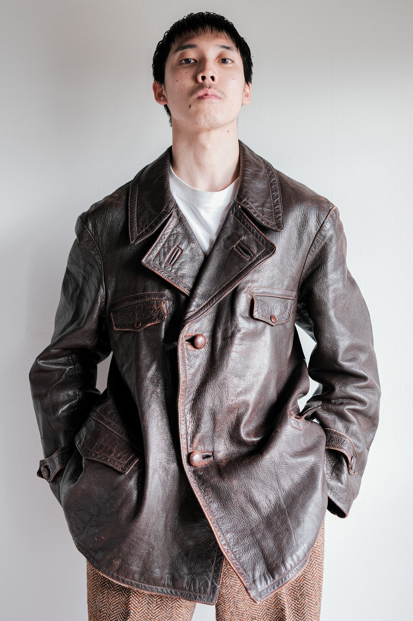 【~40's】French Vintage Brown Leather Jacket