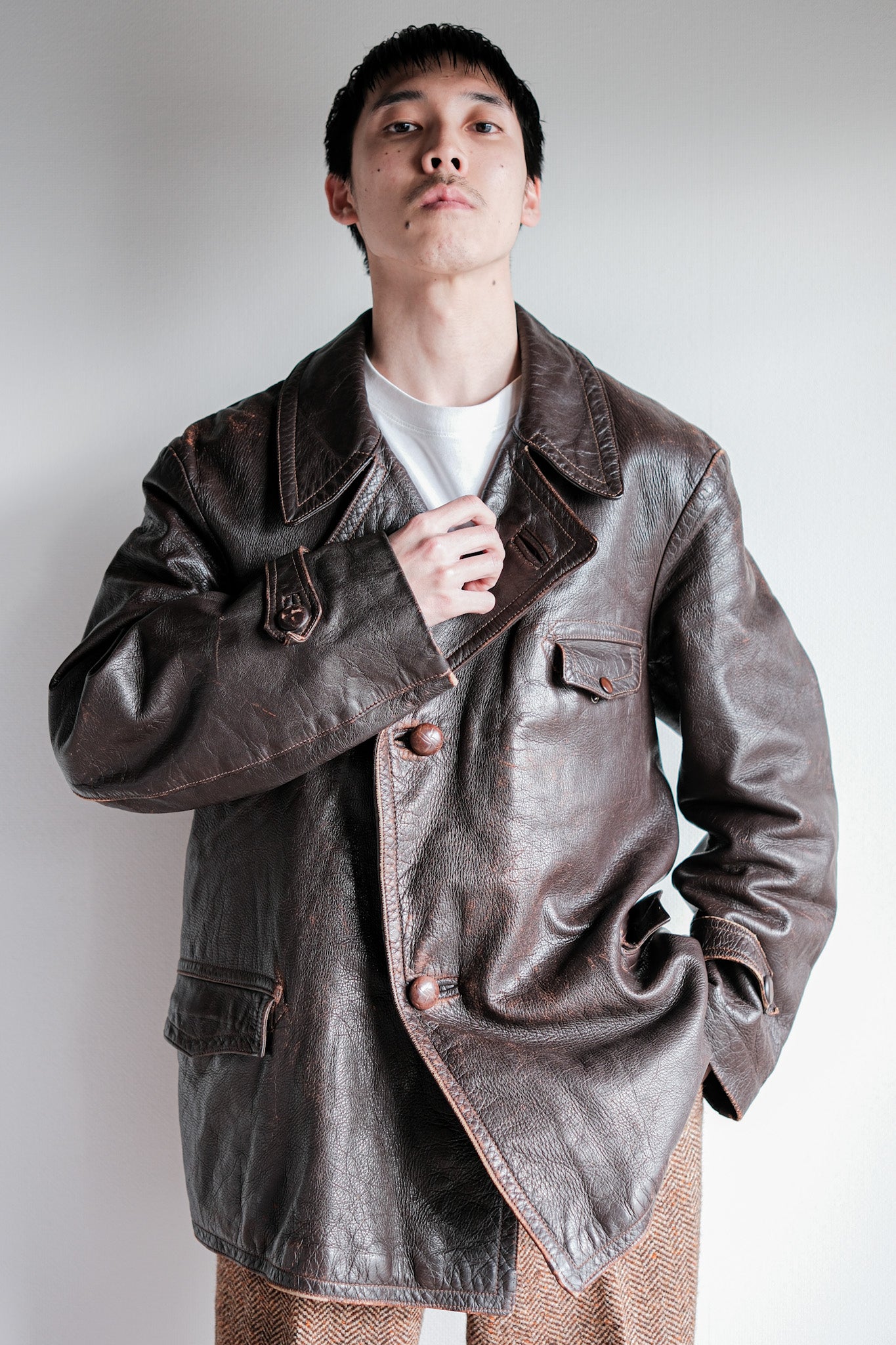 【~40's】French Vintage Brown Leather Jacket