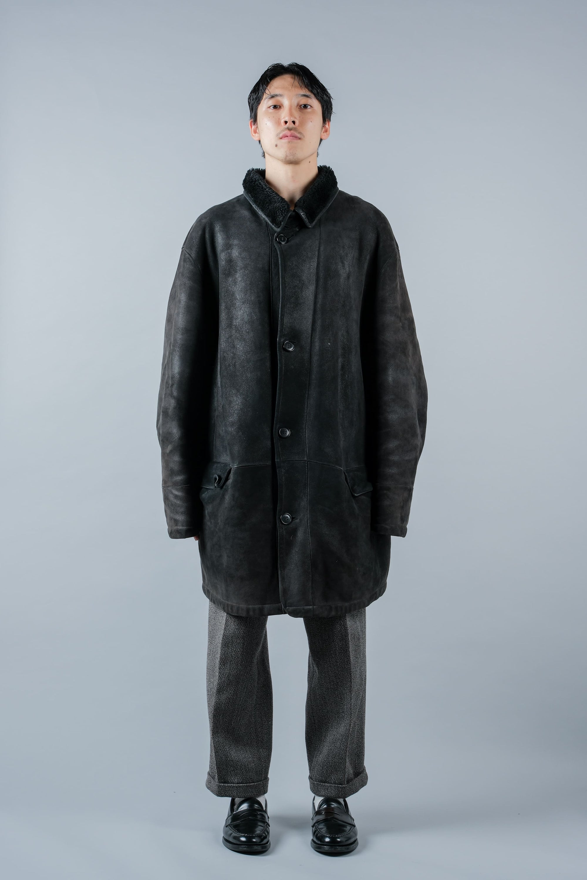 ［~90's］Old SERAPHIN Black Leather Mouton Half Coat Size.54