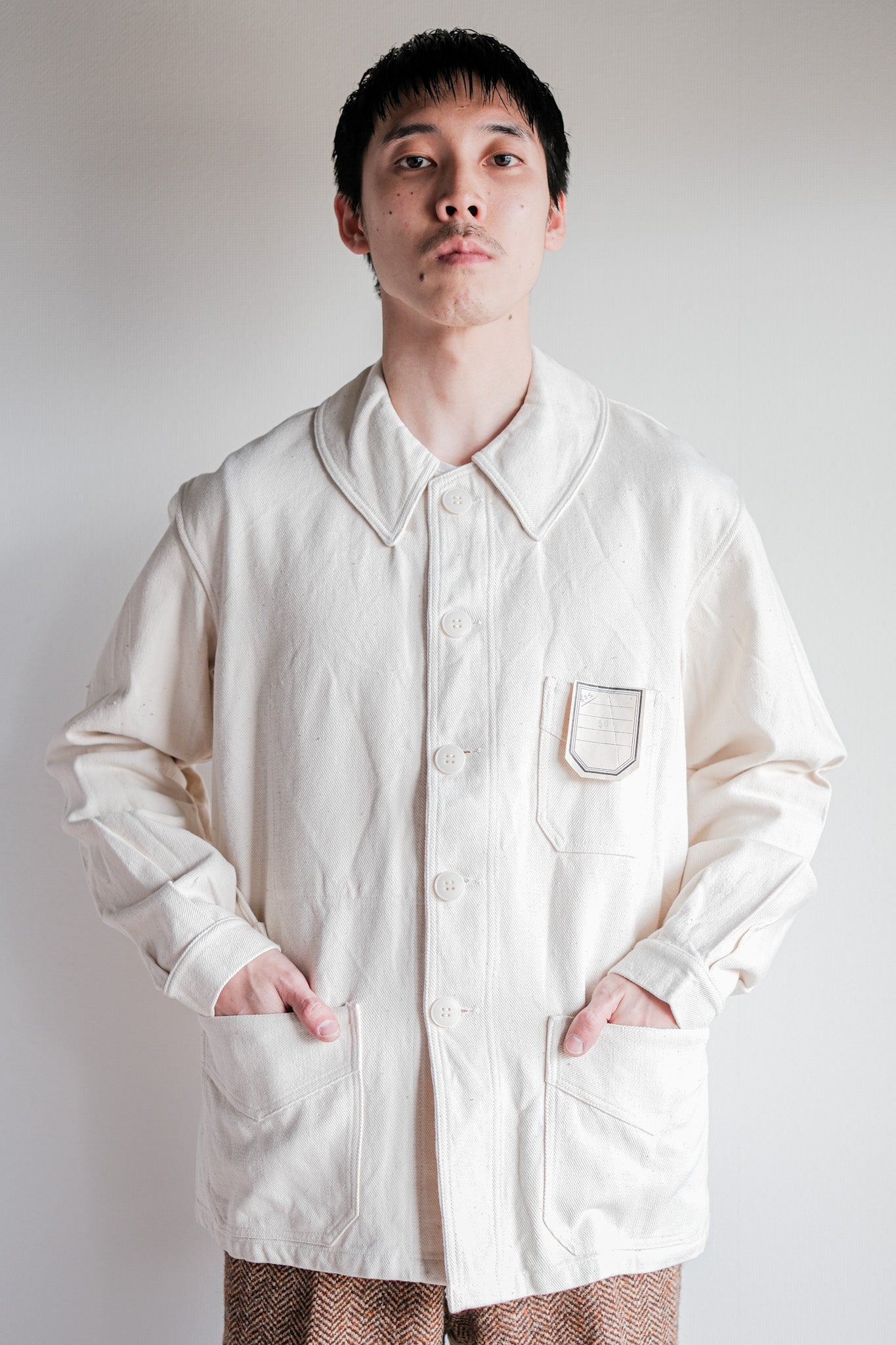 40's】French Vintage White Cotton Twill Work Jacket Size.50 