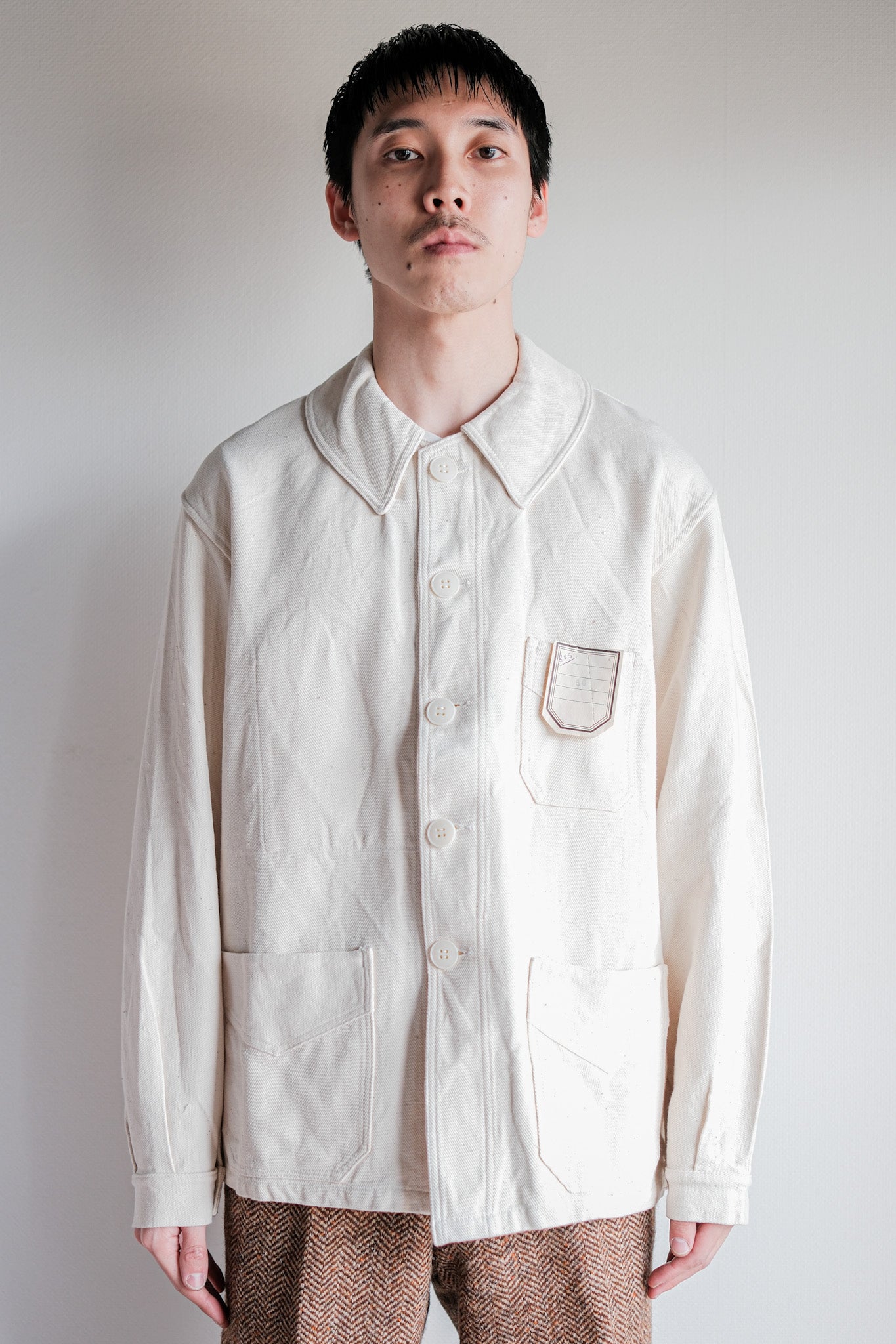 [~ 40's] French Vintage White Cotton Twill Work Jacket Size.50 "Dead Stock"