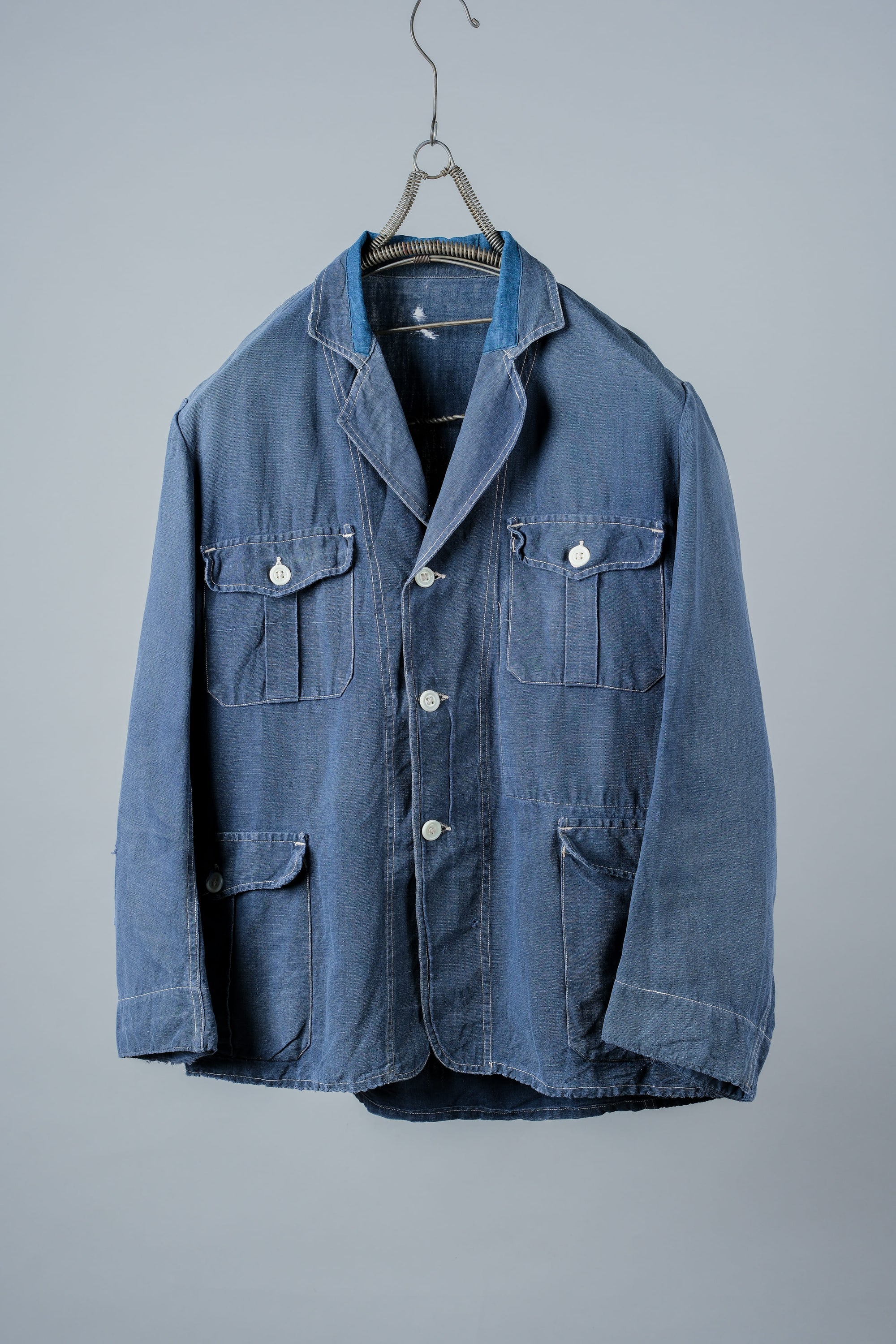 【~30’s】French Vintage Indigo Linen 4 Pockets Lapel Work Jacket