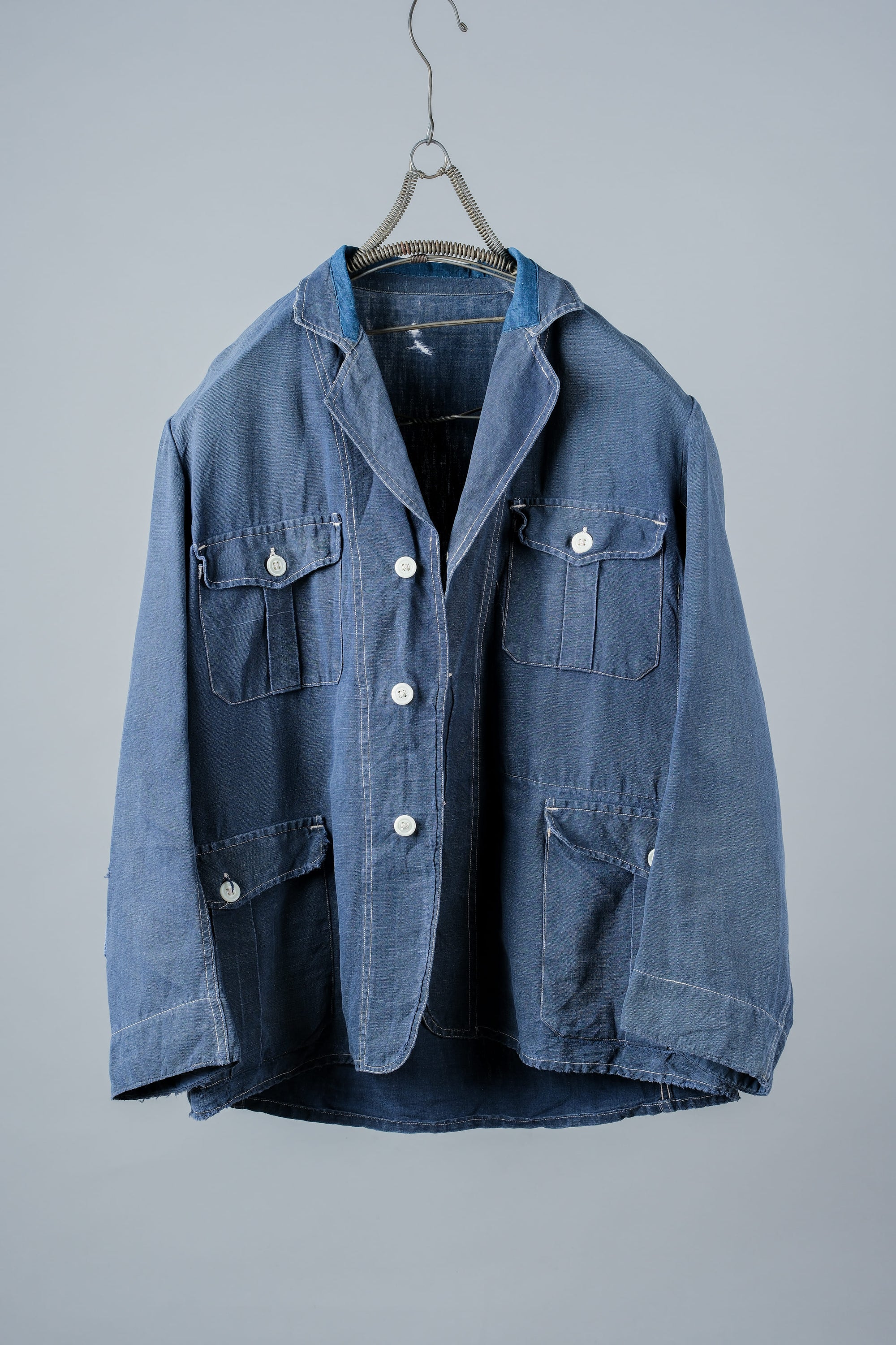 【~30’s】French Vintage Indigo Linen 4 Pockets Lapel Work Jacket