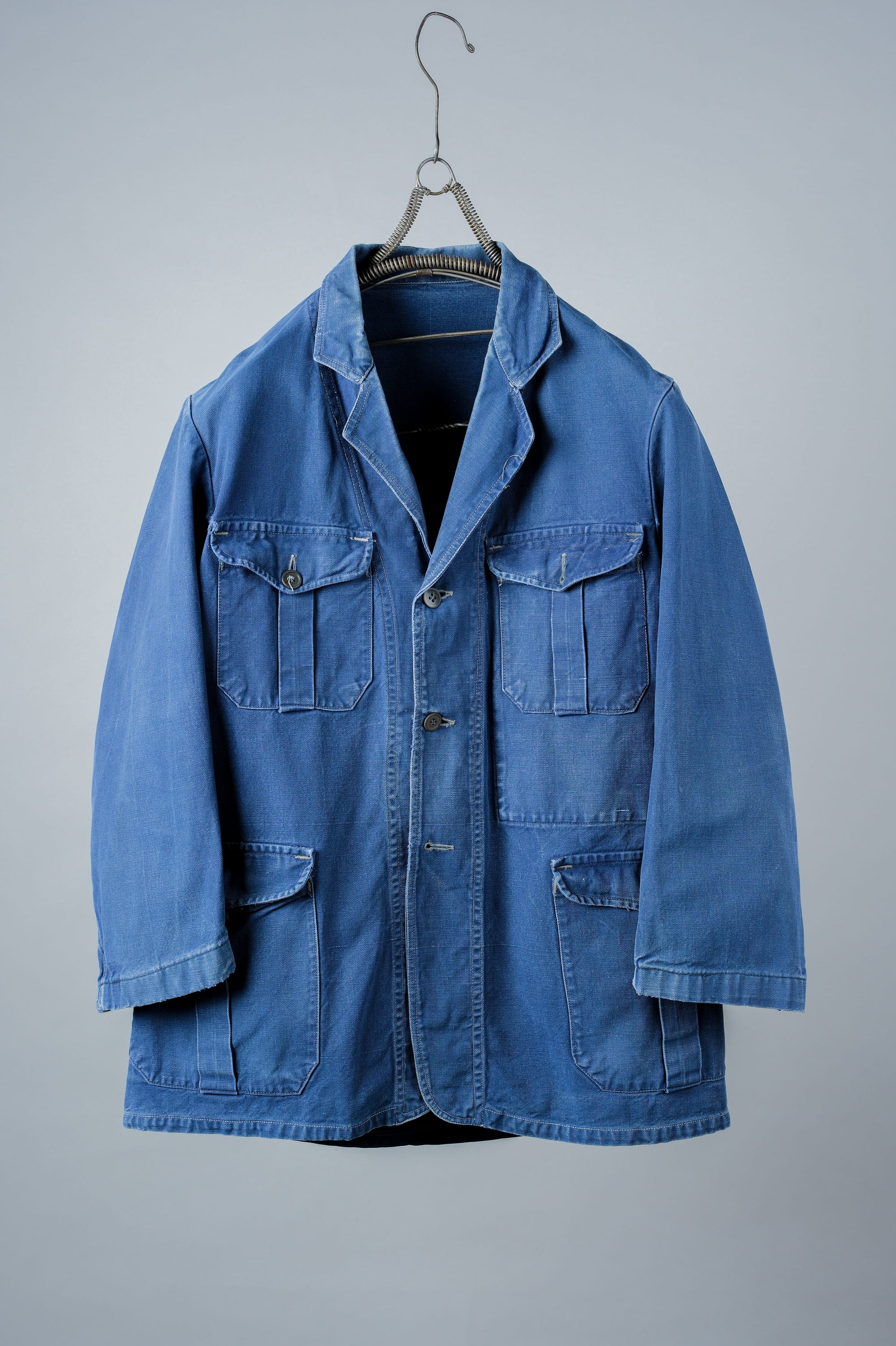 ［~40's］French Vintage Blue Cotton Twill 4 Pockets Lapel Work Jacket