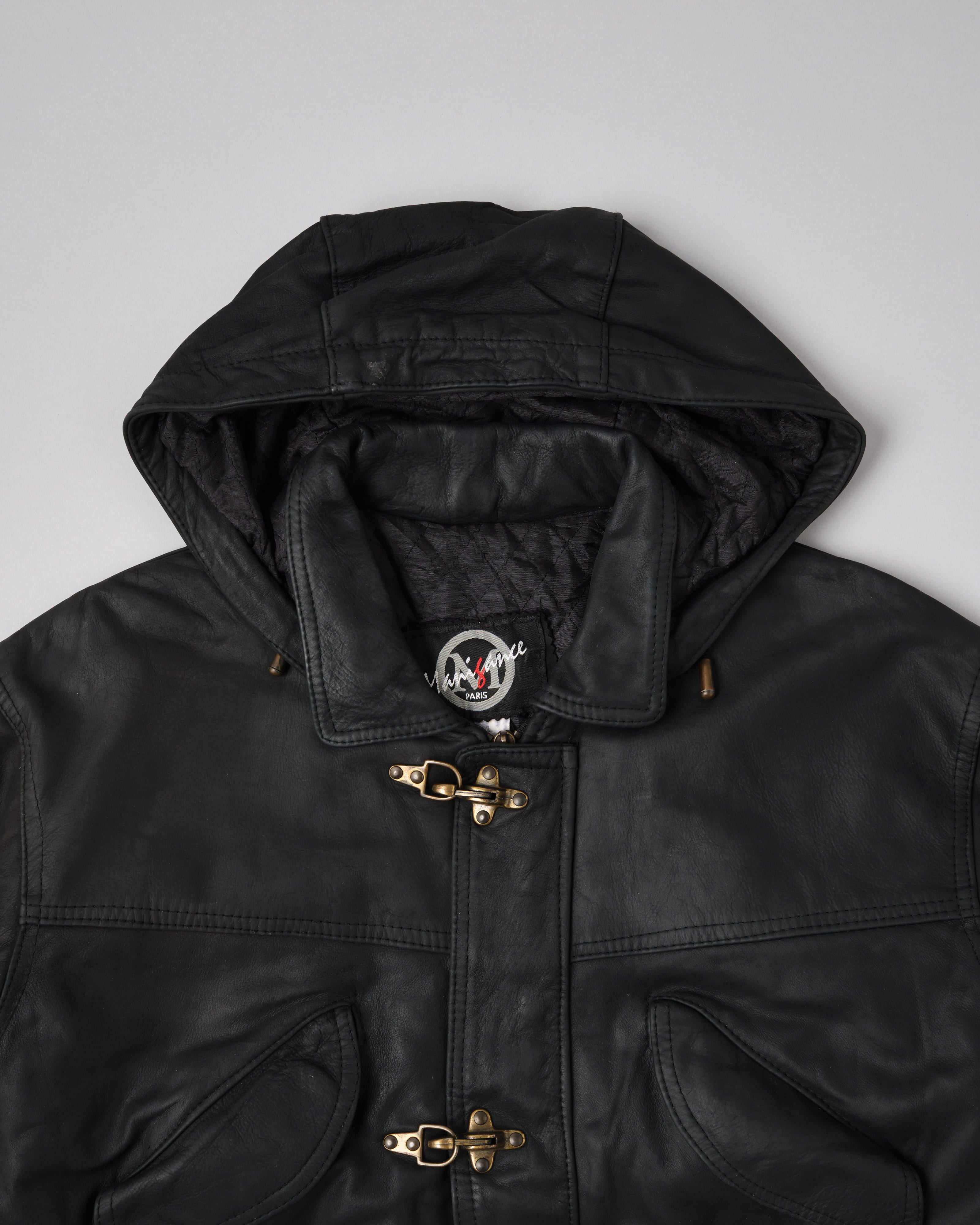 80's］French Vintage Detachable Hood Fireman Type Leather Short