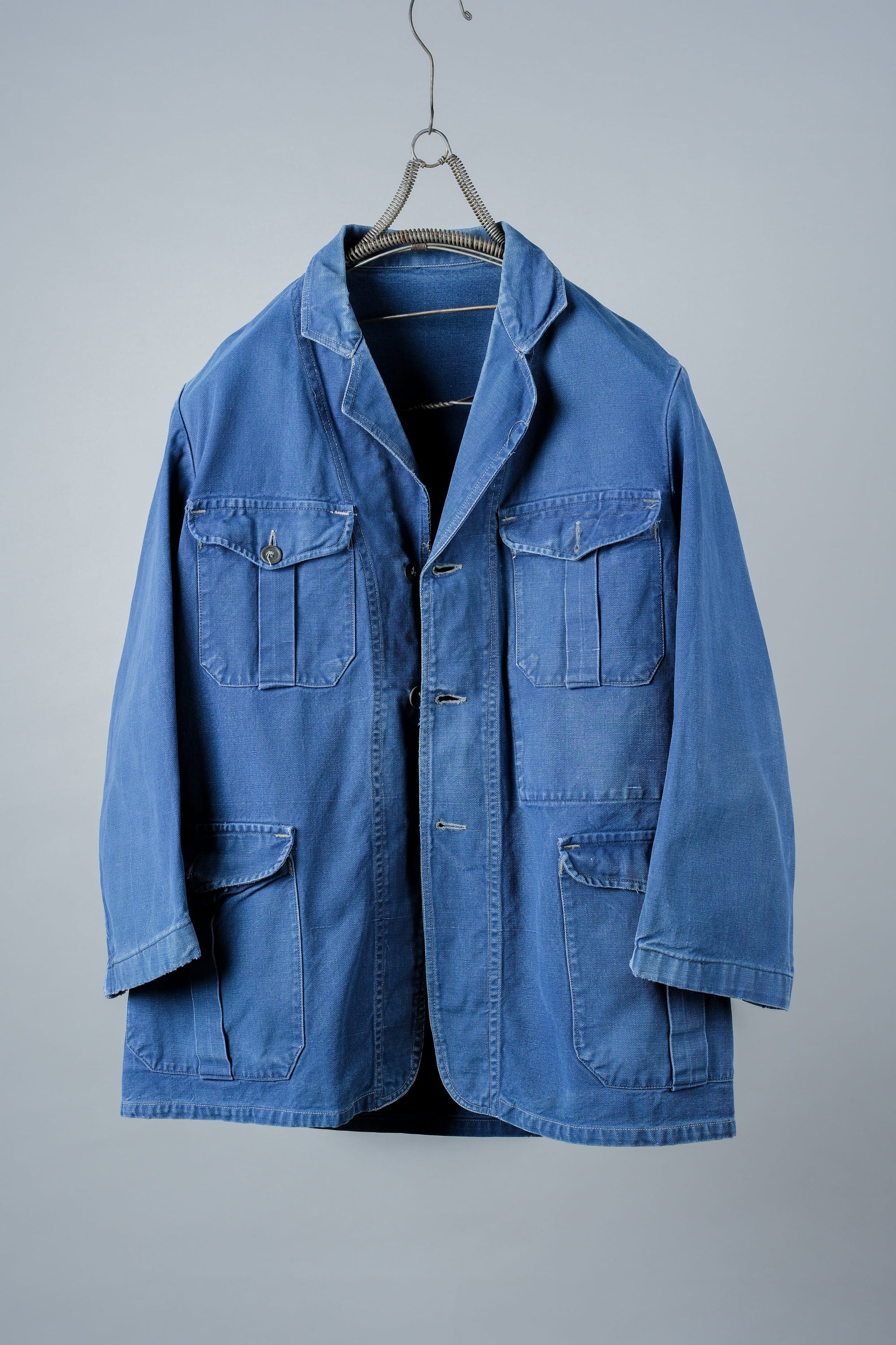 ［~40's］French Vintage Blue Cotton Twill 4 Pockets Lapel Work Jacket