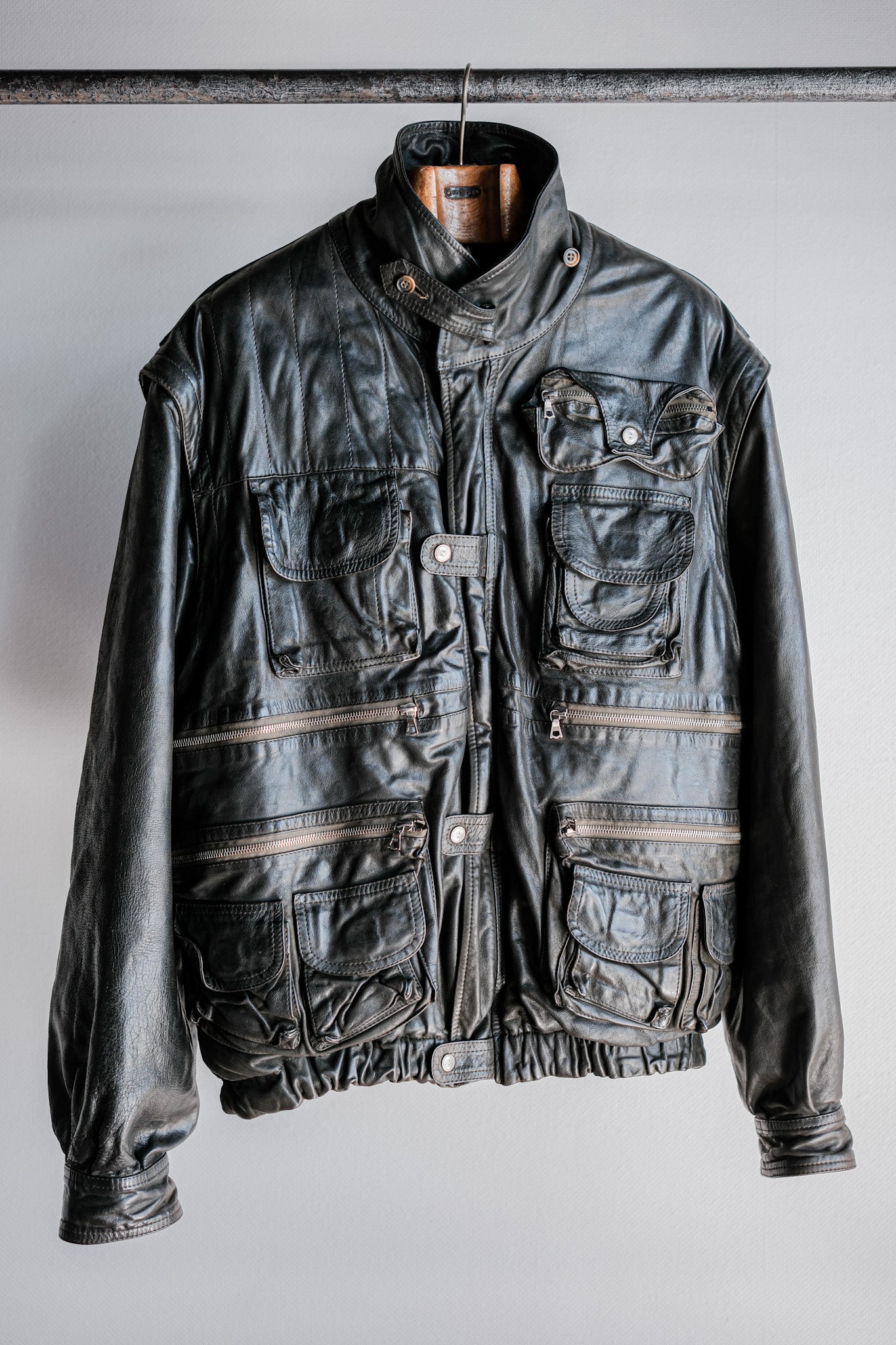 ［~90's］Old Renoma Paris Black Leather Detachable Sleeve Multi Pocket Jacket With Liner Size.XXL