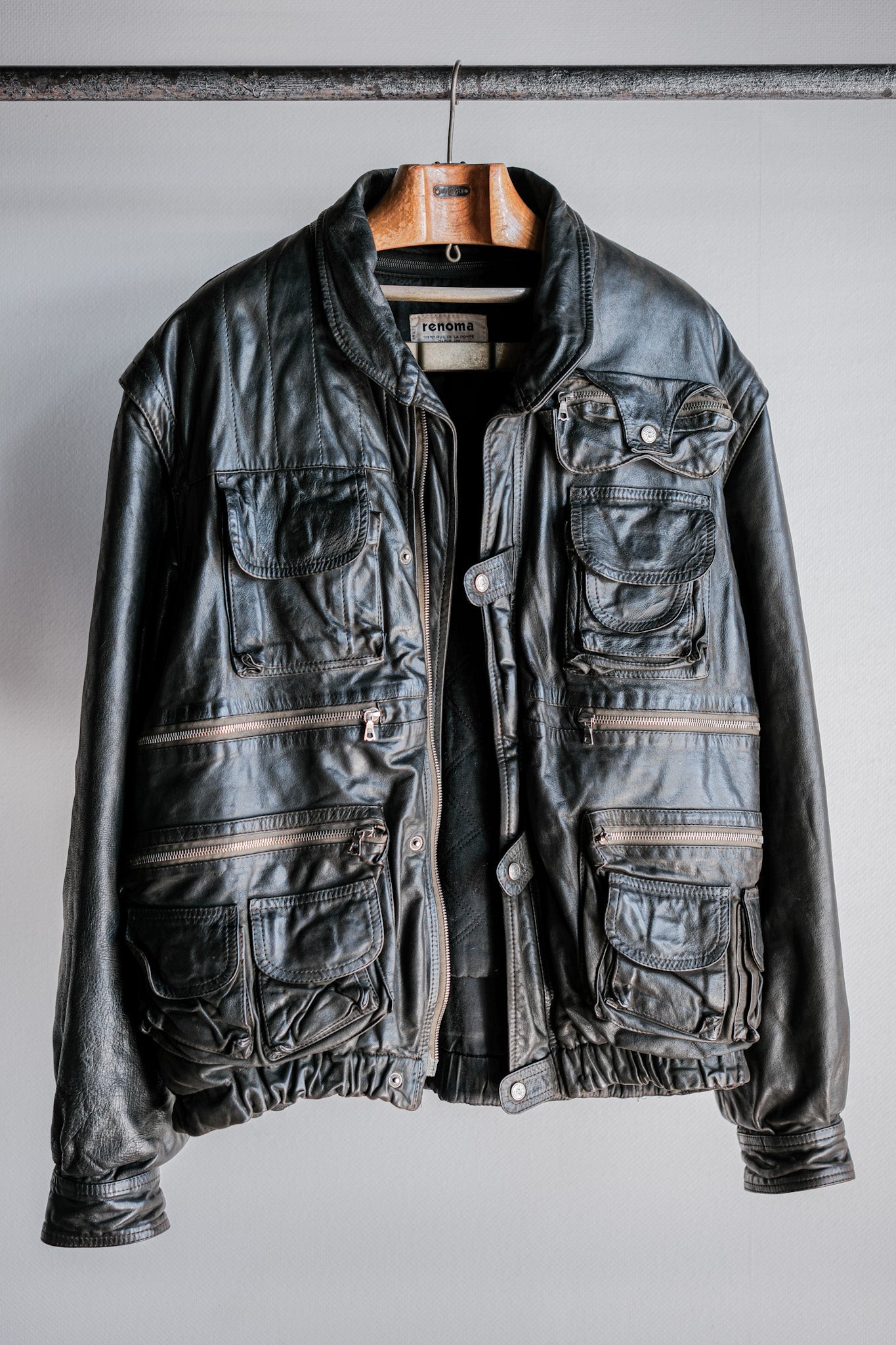 ［~90's］Old Renoma Paris Black Leather Detachable Sleeve Multi Pocket Jacket With Liner Size.XXL