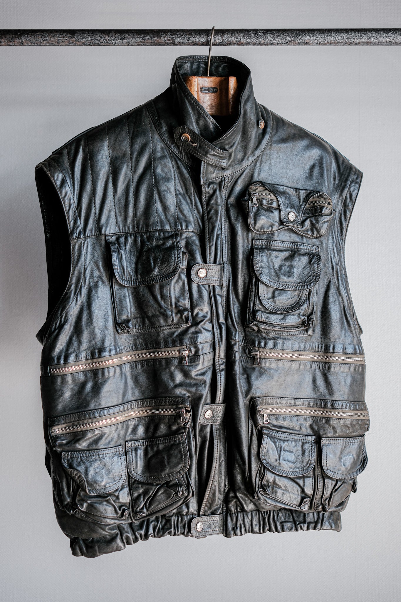 ［~90's］Old Renoma Paris Black Leather Detachable Sleeve Multi Pocket Jacket With Liner Size.XXL