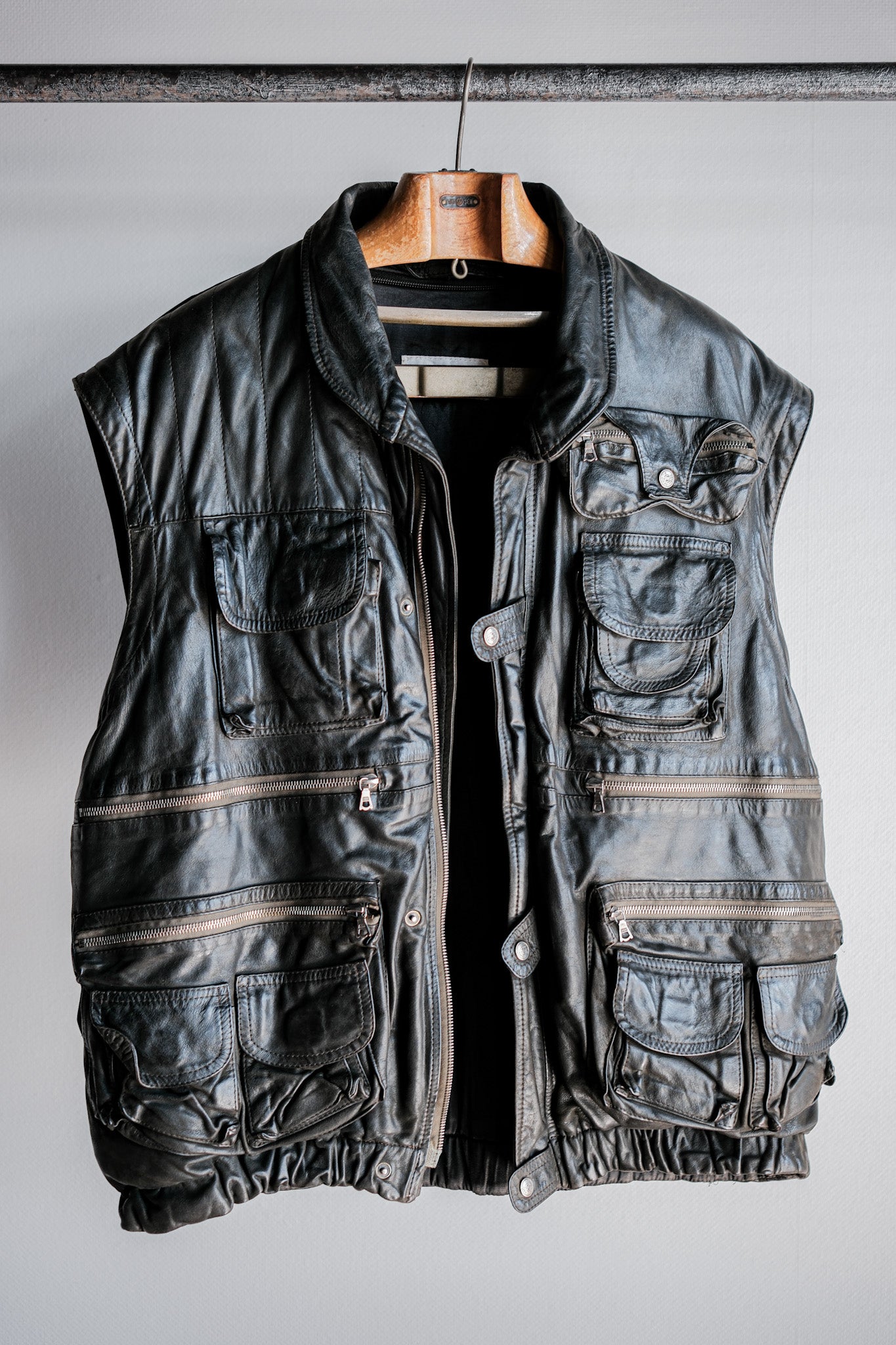 ［~90's］Old Renoma Paris Black Leather Detachable Sleeve Multi Pocket Jacket With Liner Size.XXL