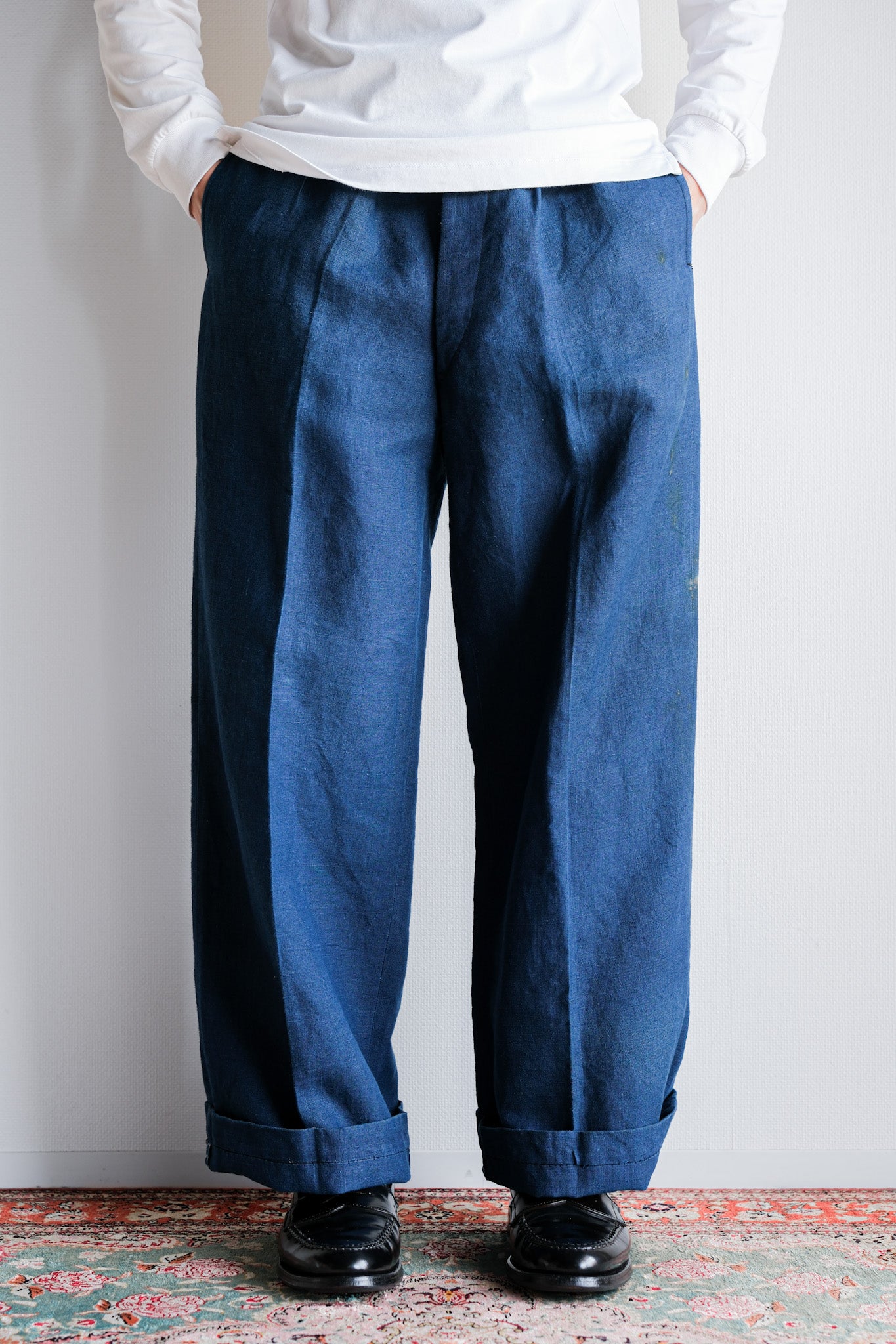 【~40's】French Navy Indigo Linen Mechanic Trousers "Marine Nationale"