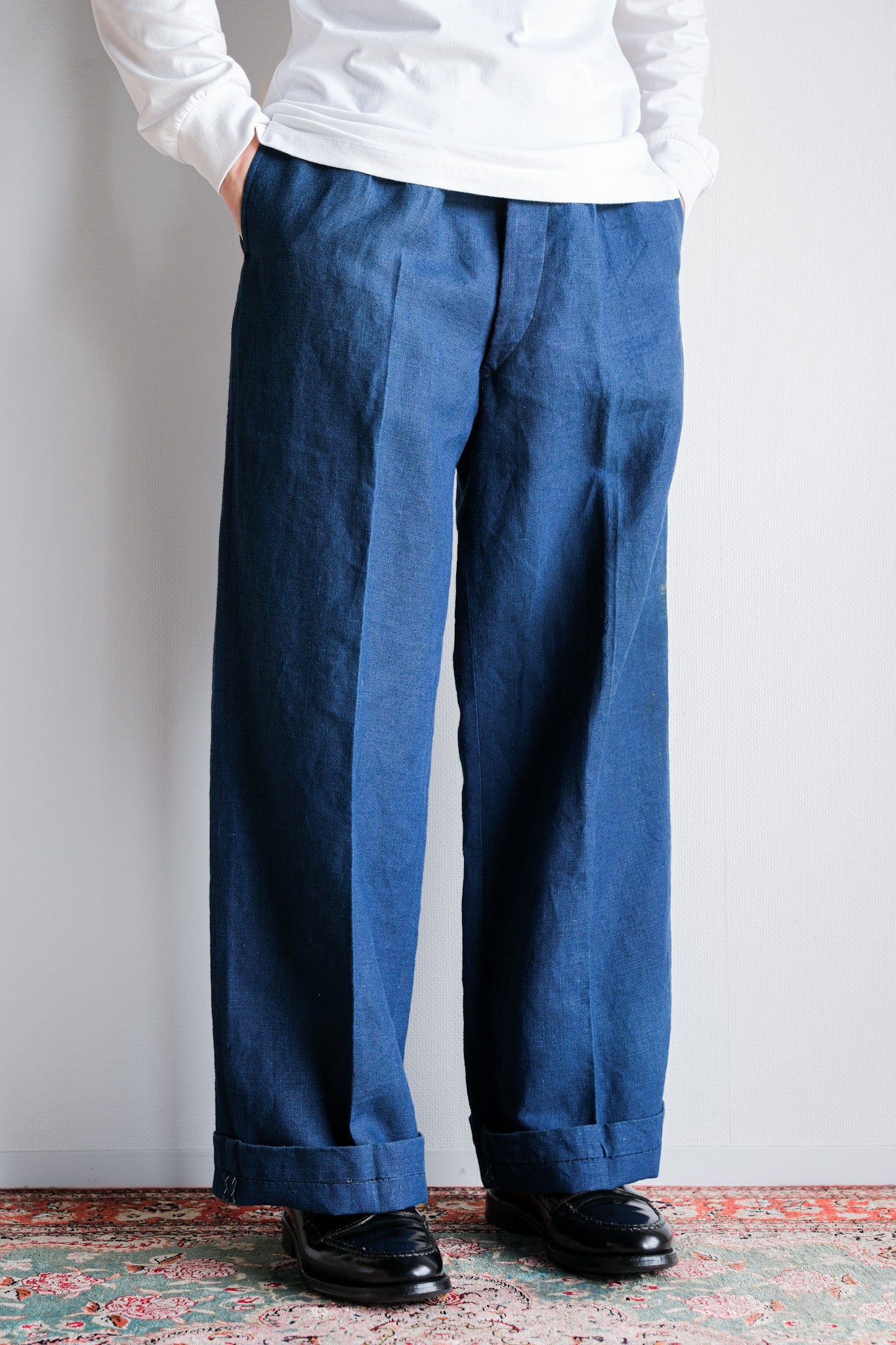 【~40's】French Navy Indigo Linen Mechanic Trousers "Marine Nationale"