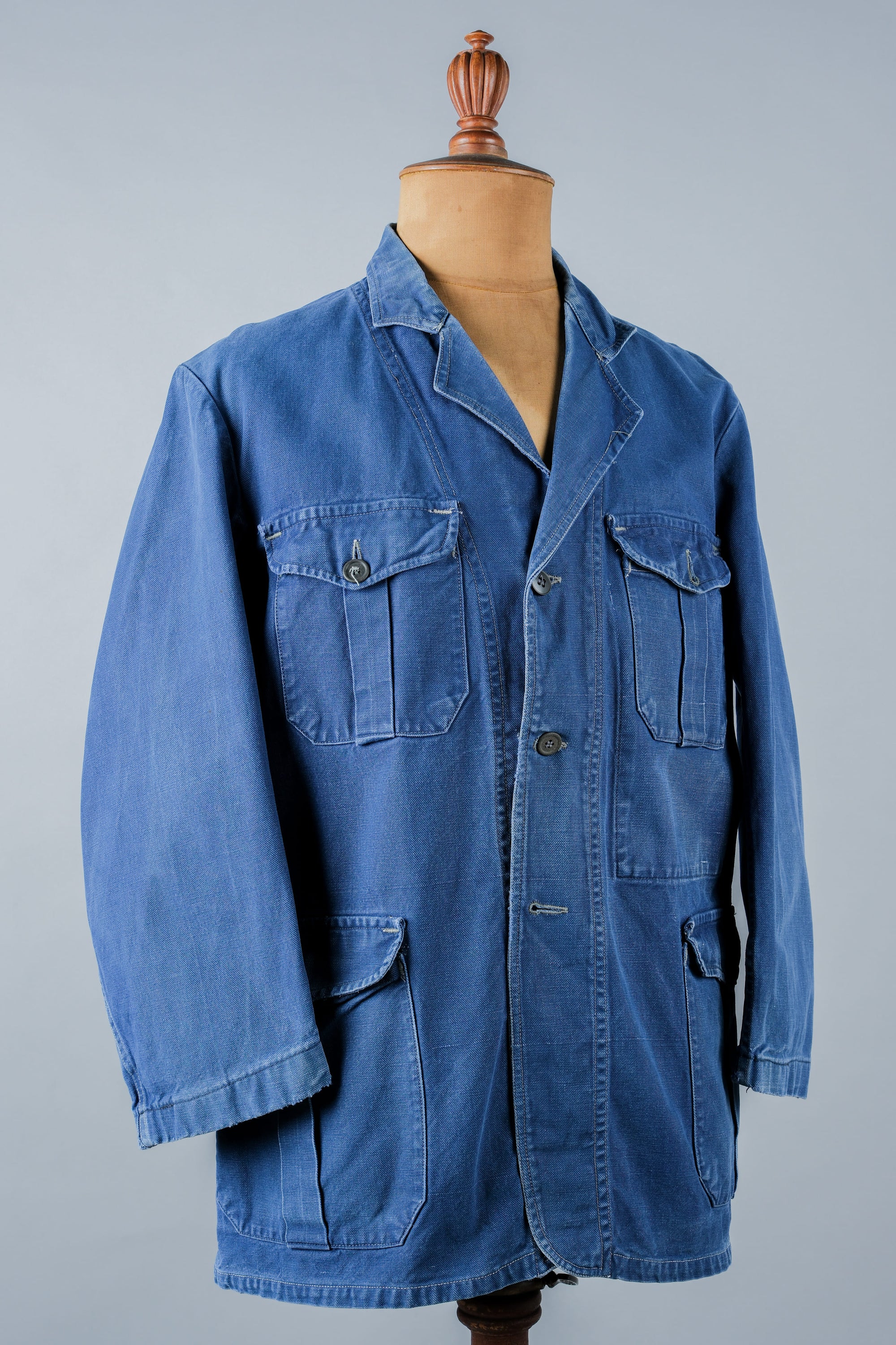 ［~40's］French Vintage Blue Cotton Twill 4 Pockets Lapel Work Jacket