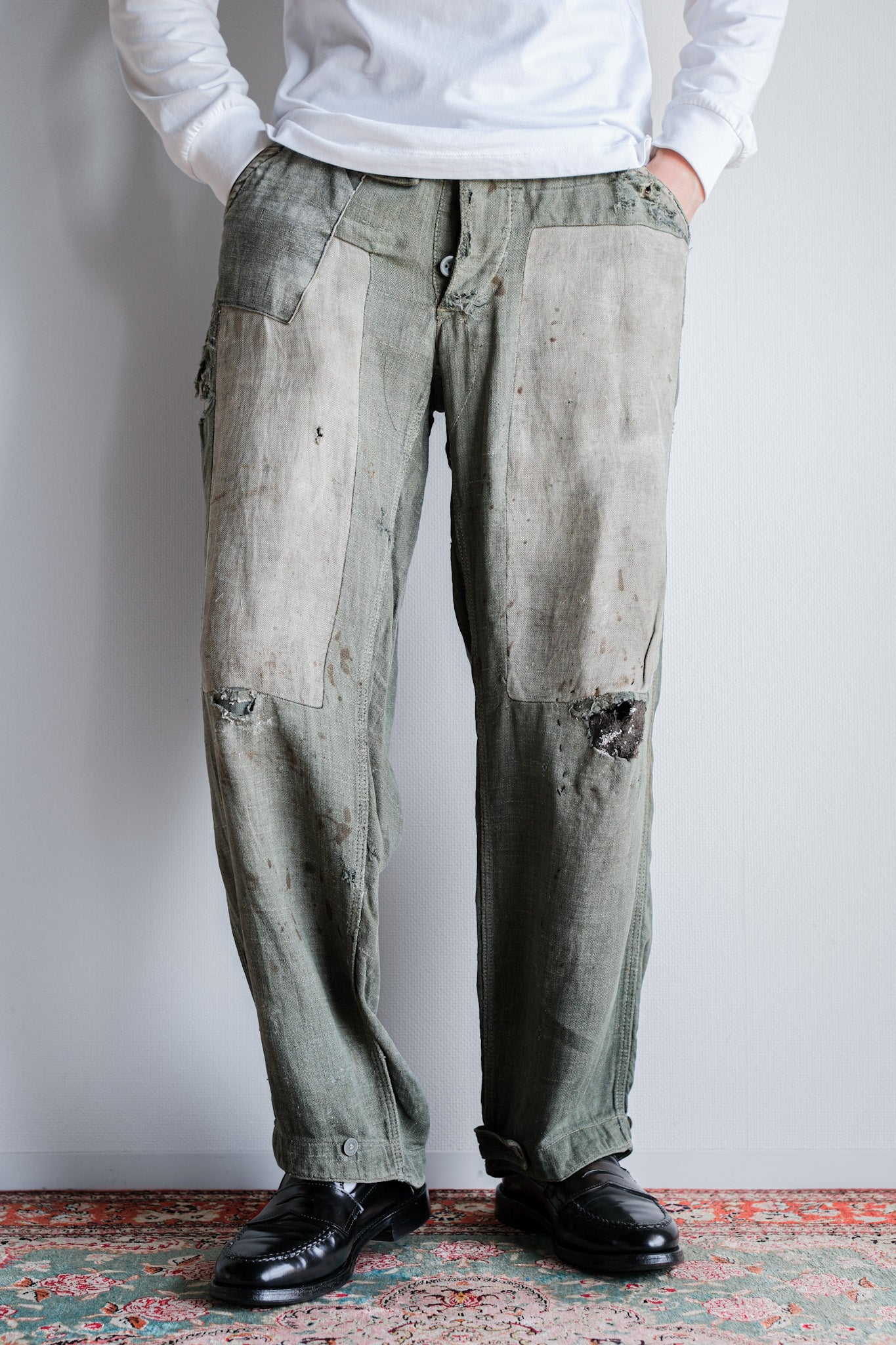 【~40's】WWⅡ German Army M43 Green Linen Summer Trousers "Unusual Fabric" "Boro" "Wehrmacht"