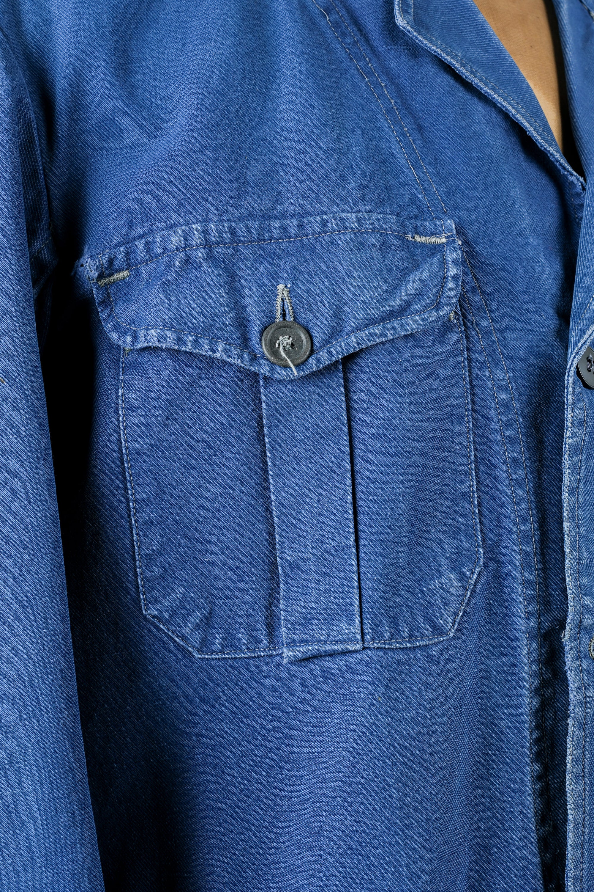 ［~40's］French Vintage Blue Cotton Twill 4 Pockets Lapel Work Jacket
