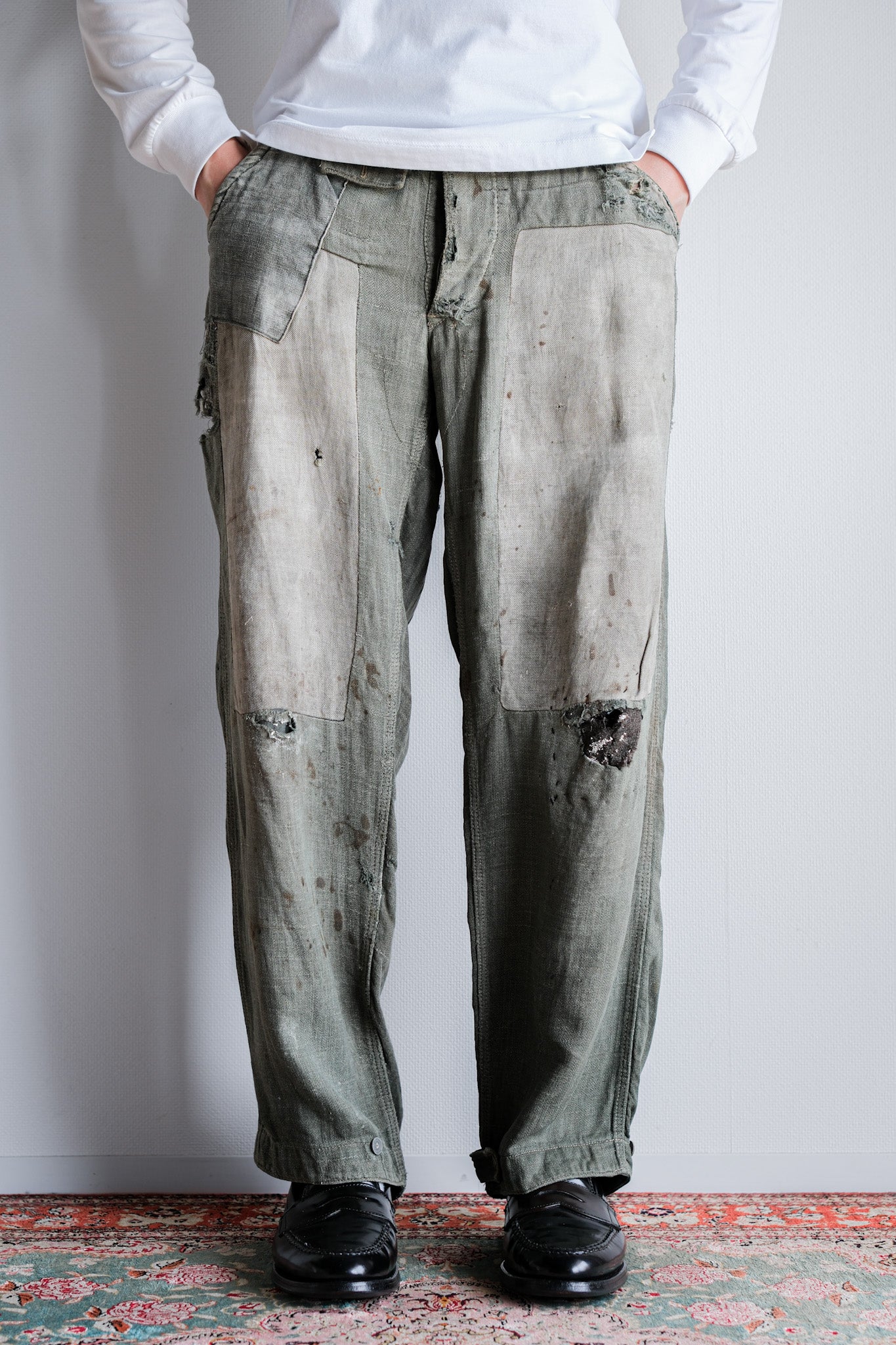 【~40's】WWⅡ German Army M43 Green Linen Summer Trousers "Unusual Fabric" "Boro" "Wehrmacht"