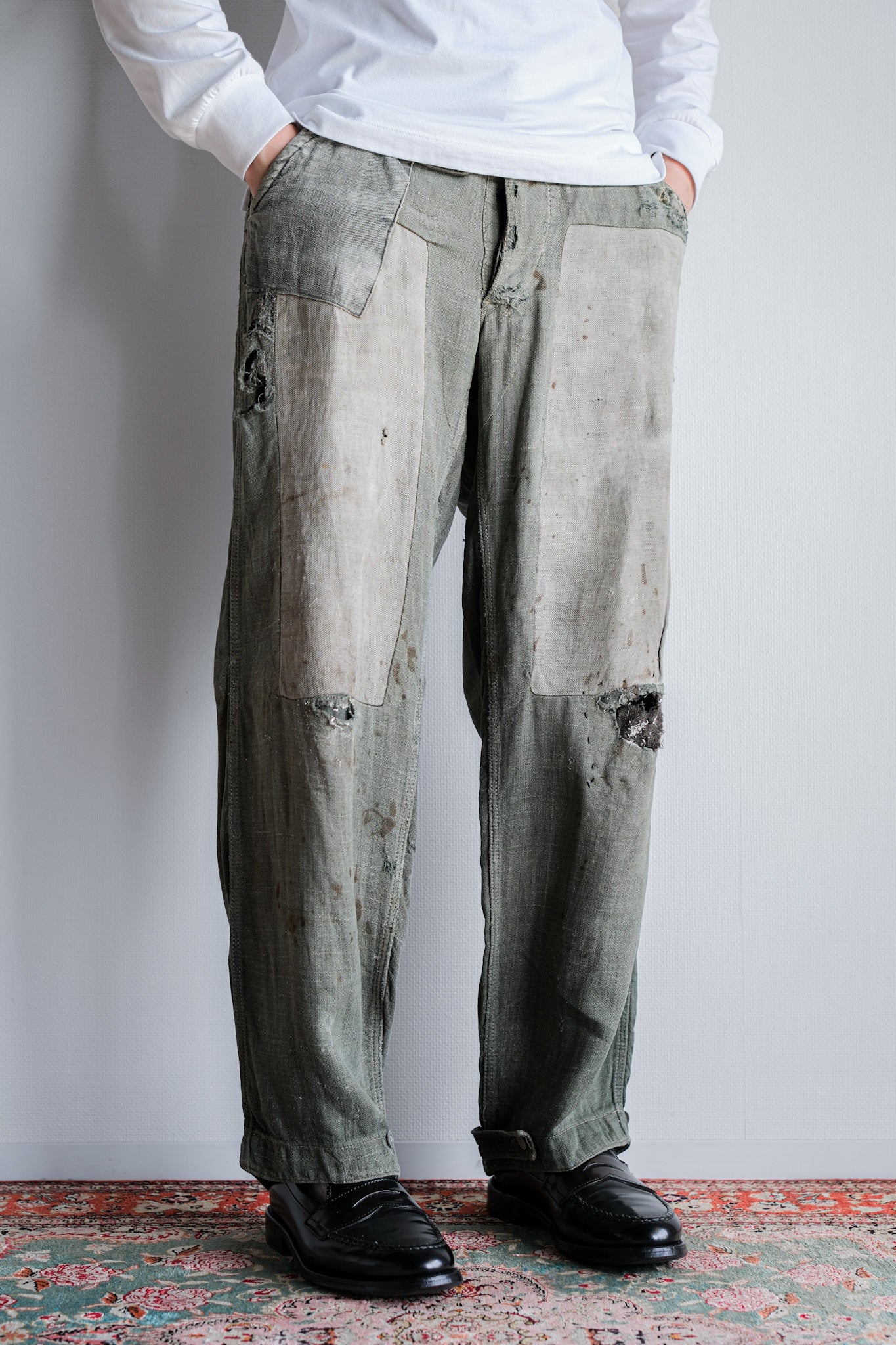 [~ 40's] WWⅡ German Army M43 GREEN LINEN SUMMER TROUSERS "Unusual Fabric" "Boro" "Wehrmacht"