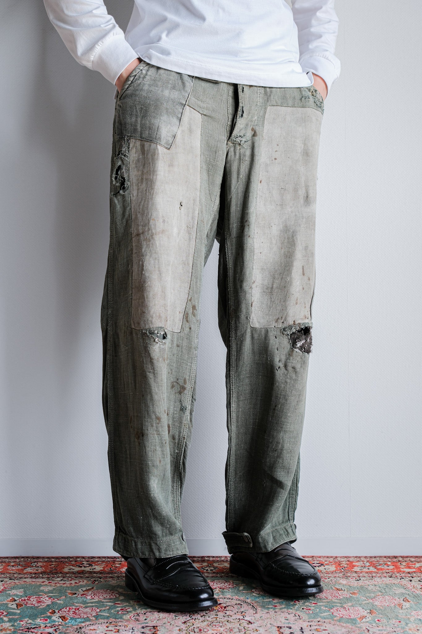 ［~40's］WWⅡ German Army M43 Green Linen Summer Trousers "Unusual Fabric" "Boro" "Wehrmacht"