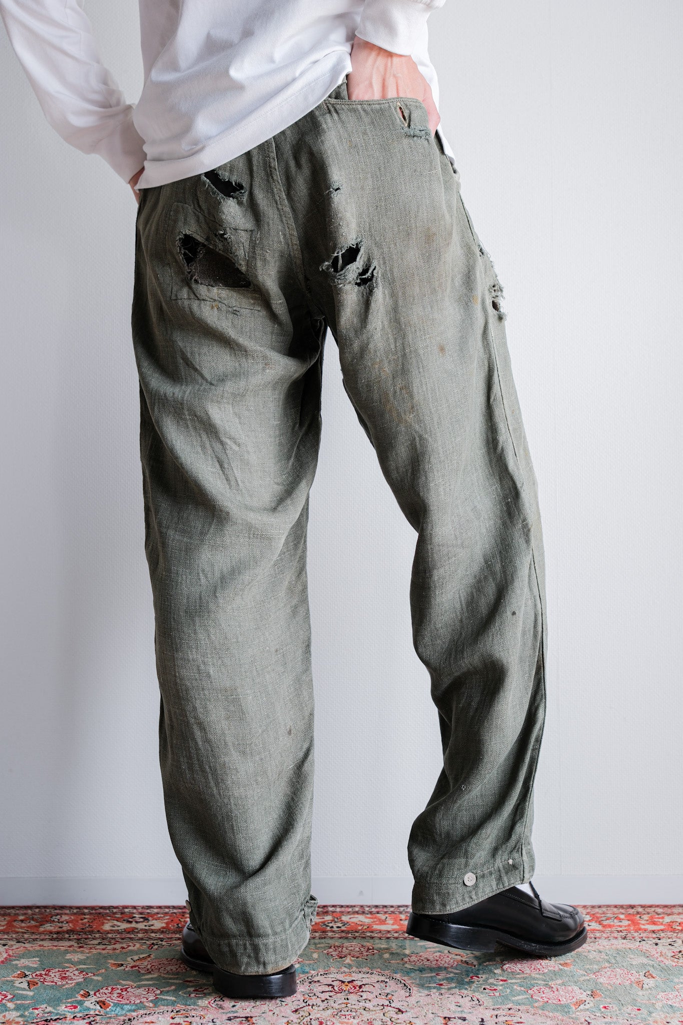 【~40's】WWⅡ German Army M43 Green Linen Summer Trousers "Unusual Fabric" "Boro" "Wehrmacht"