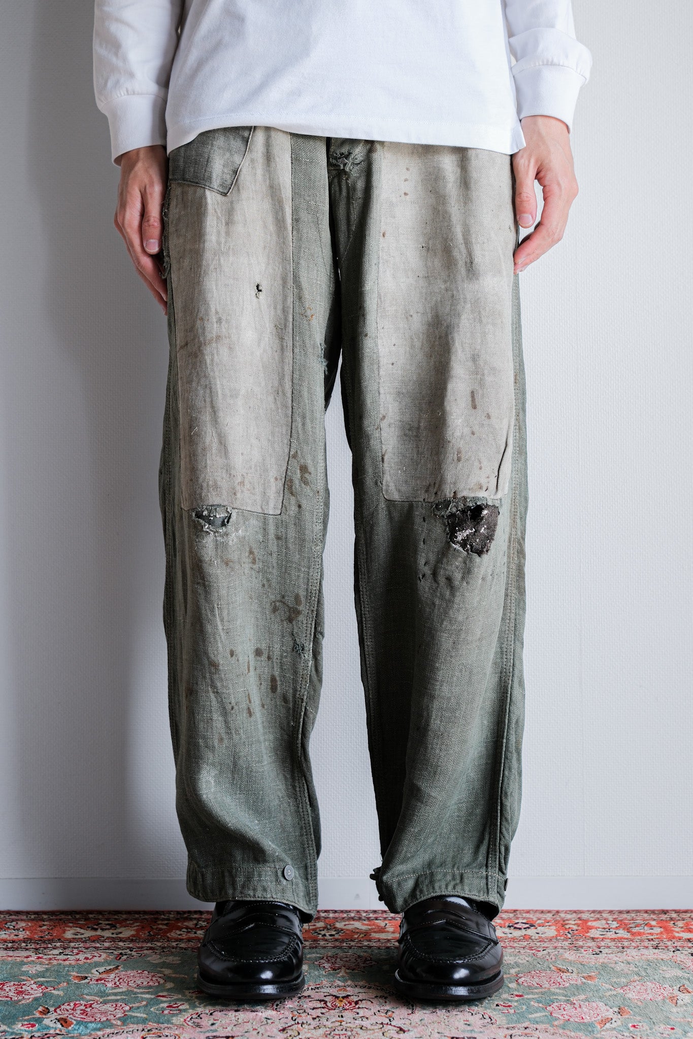 【~40's】WWⅡ German Army M43 Green Linen Summer Trousers "Unusual Fabric" "Boro" "Wehrmacht"