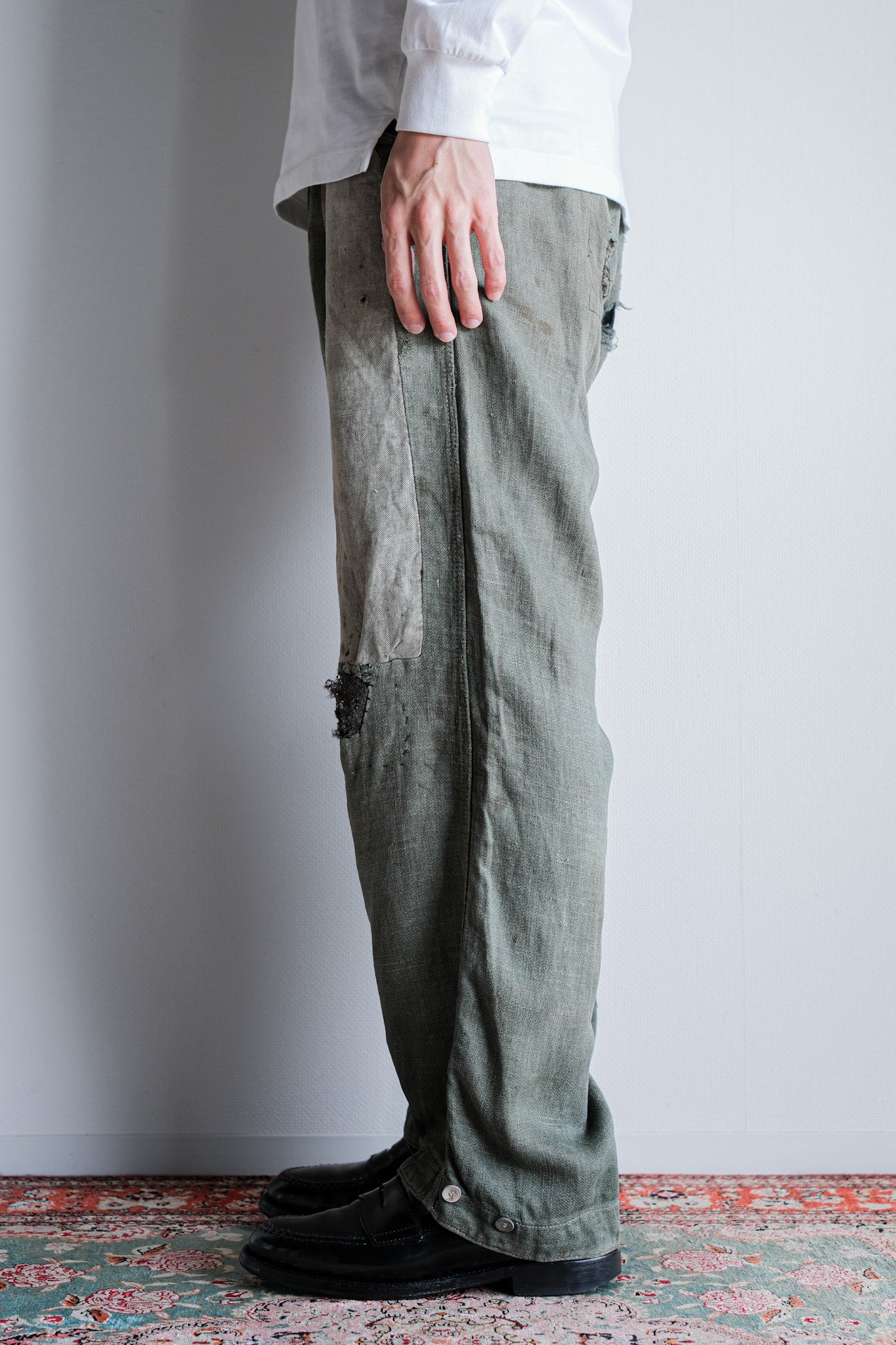 [~ 40's] WWⅡ German Army M43 GREEN LINEN SUMMER TROUSERS "Unusual Fabric" "Boro" "Wehrmacht"