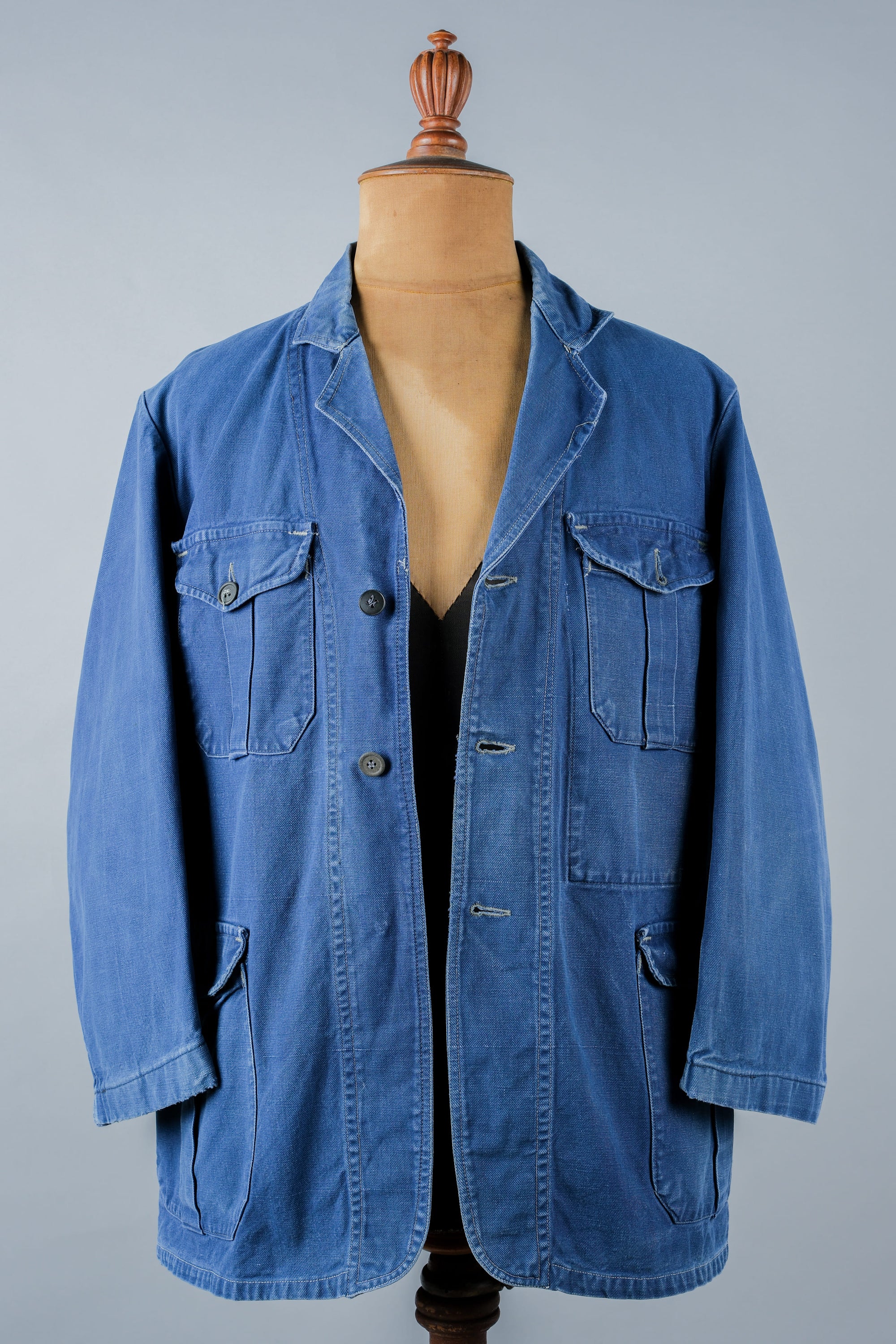 ［~40's］French Vintage Blue Cotton Twill 4 Pockets Lapel Work Jacket