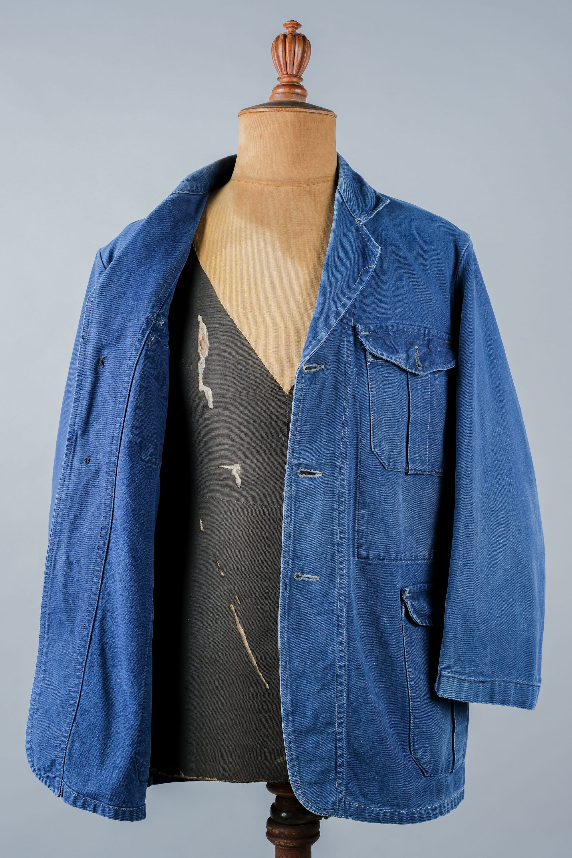 ［~40's］French Vintage Blue Cotton Twill 4 Pockets Lapel Work Jacket