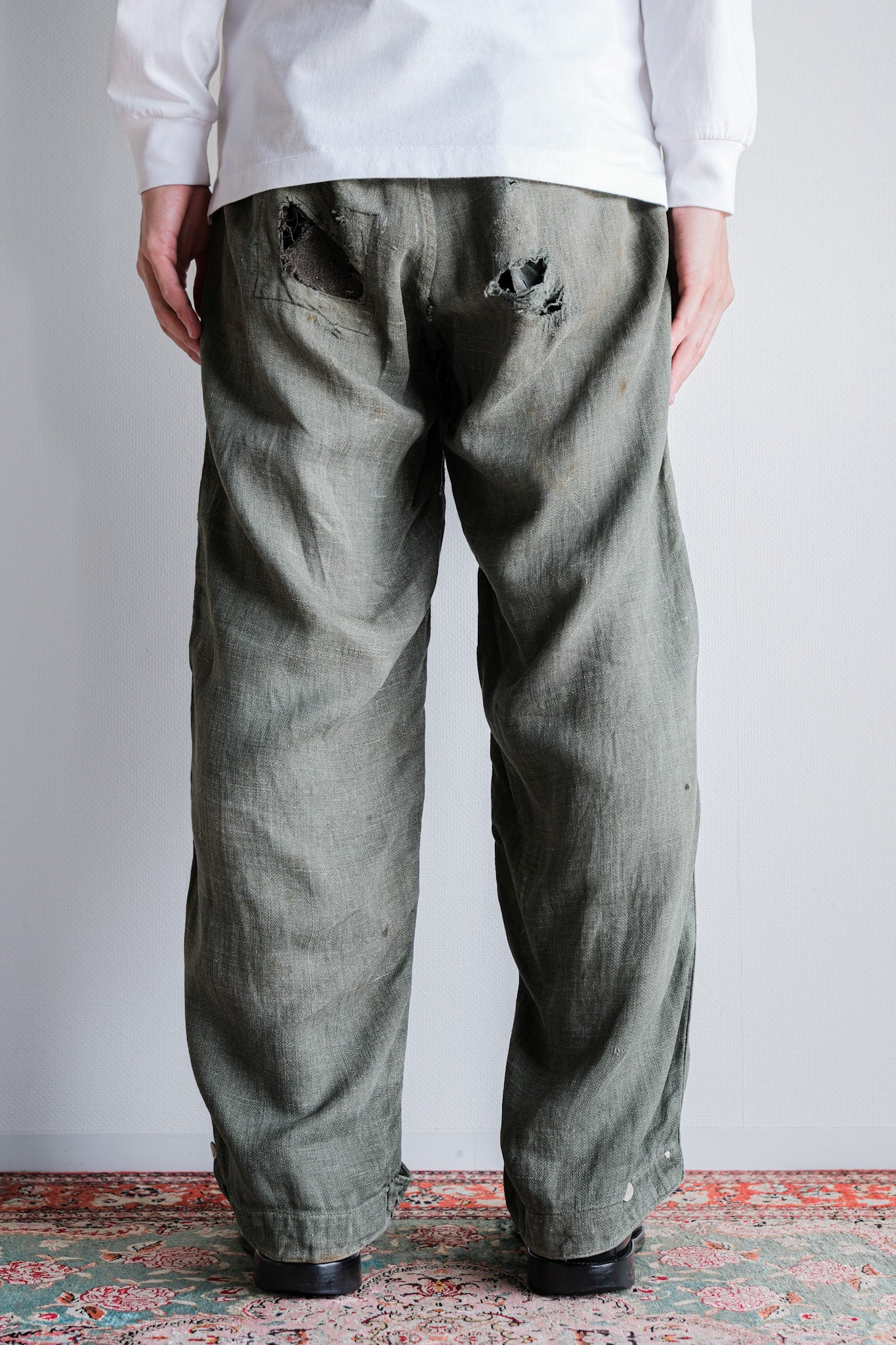 【~40's】WWⅡ German Army M43 Green Linen Summer Trousers "Unusual Fabric" "Boro" "Wehrmacht"