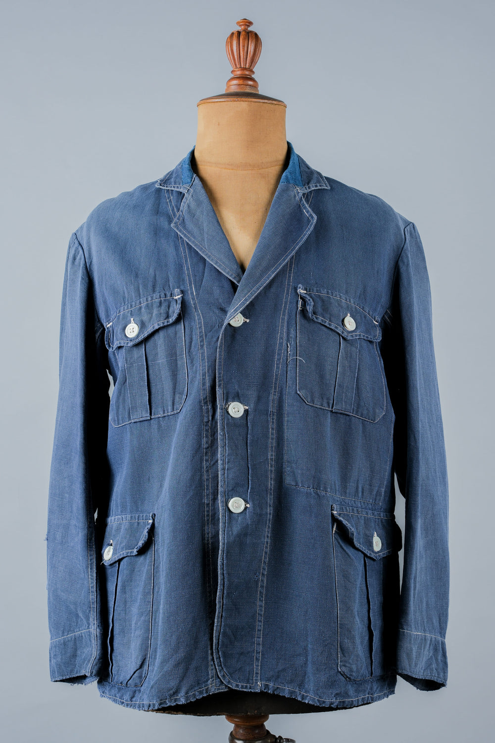 ［~30’s］French Vintage Indigo Linen 4 Pockets Lapel Work Jacket