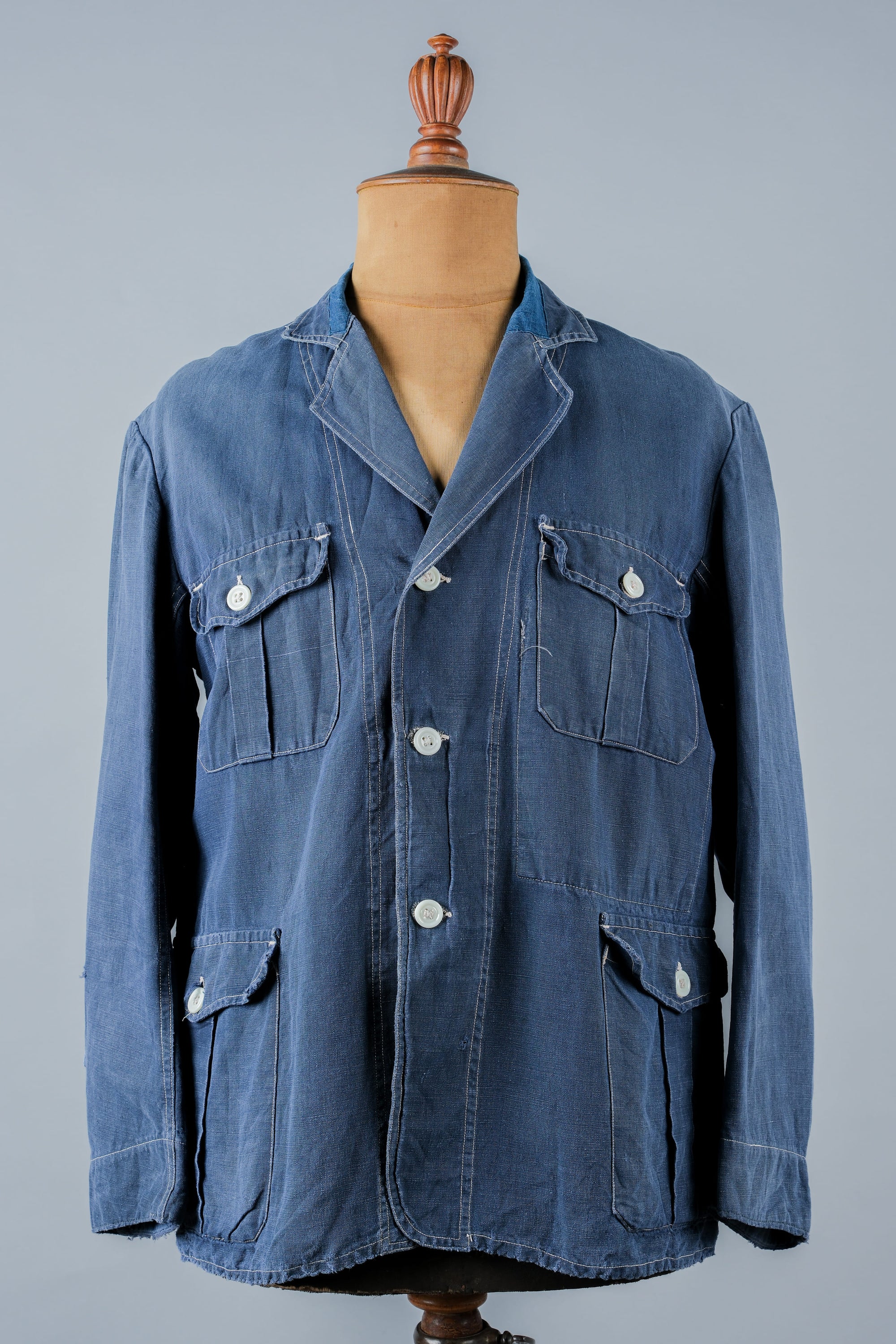 【~30’s】French Vintage Indigo Linen 4 Pockets Lapel Work Jacket