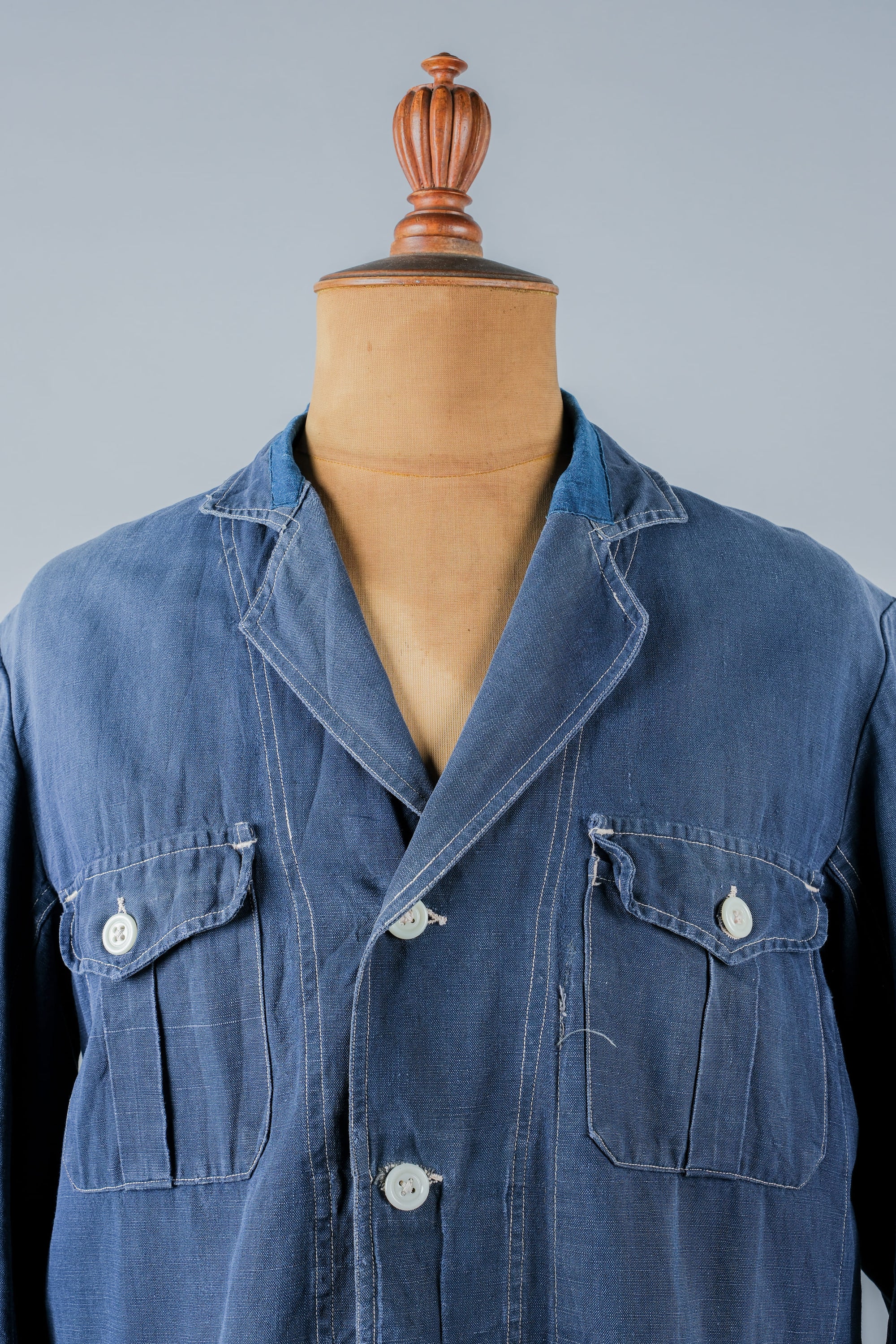 【~30’s】French Vintage Indigo Linen 4 Pockets Lapel Work Jacket