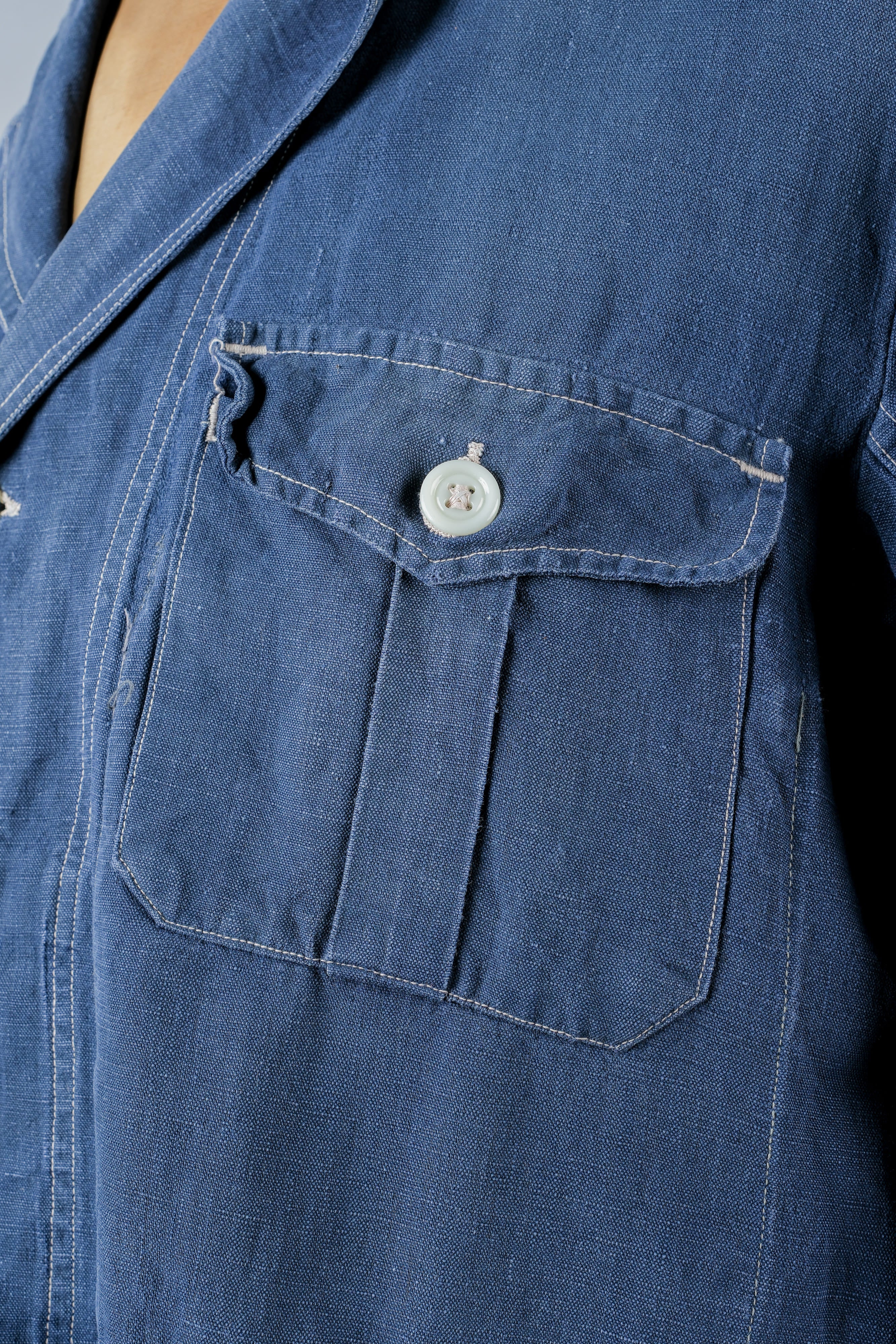 [~ 30's] French Vintage Indigo Linen 4 POCHETS Veste de travail sur les revers