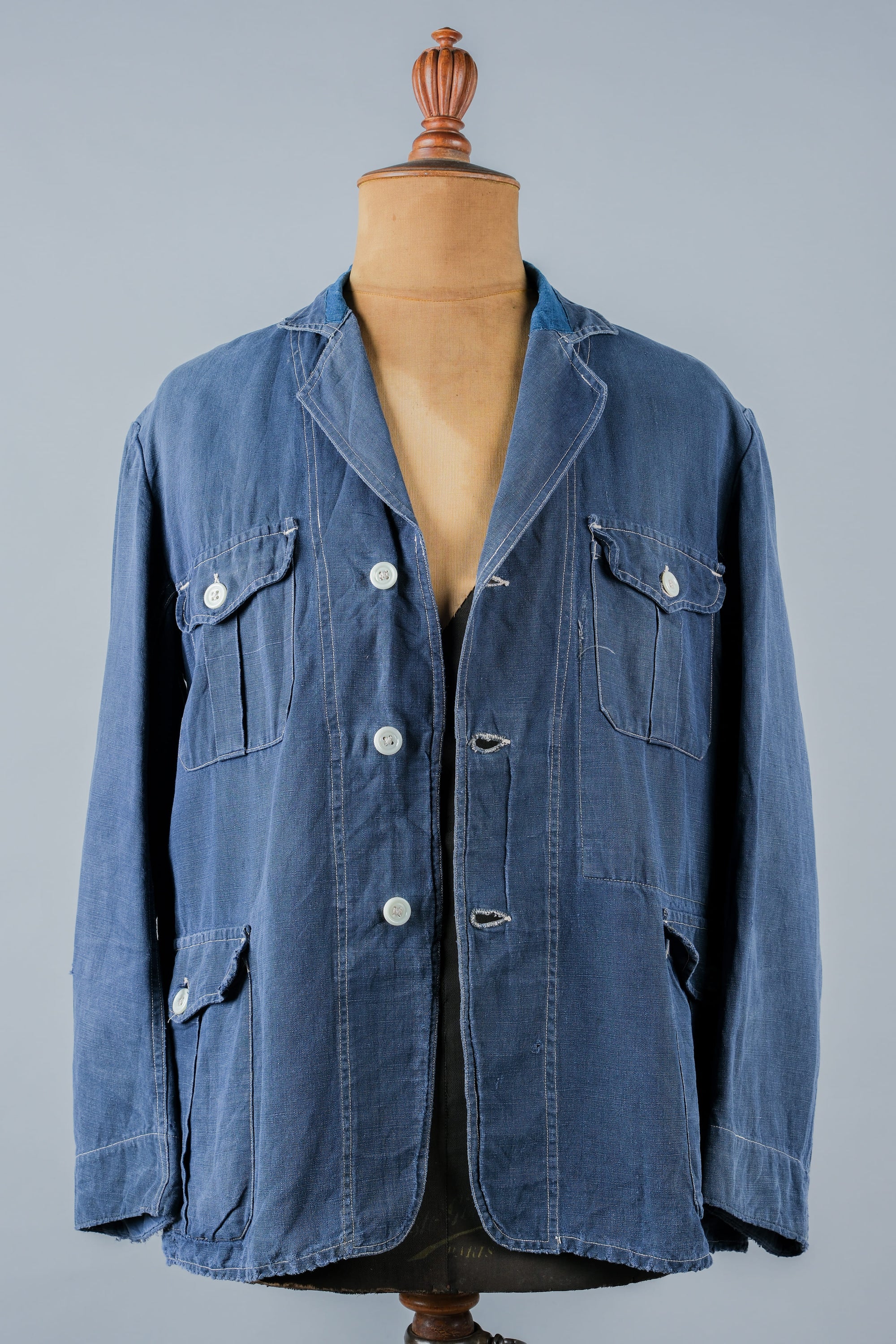 【~30’s】French Vintage Indigo Linen 4 Pockets Lapel Work Jacket