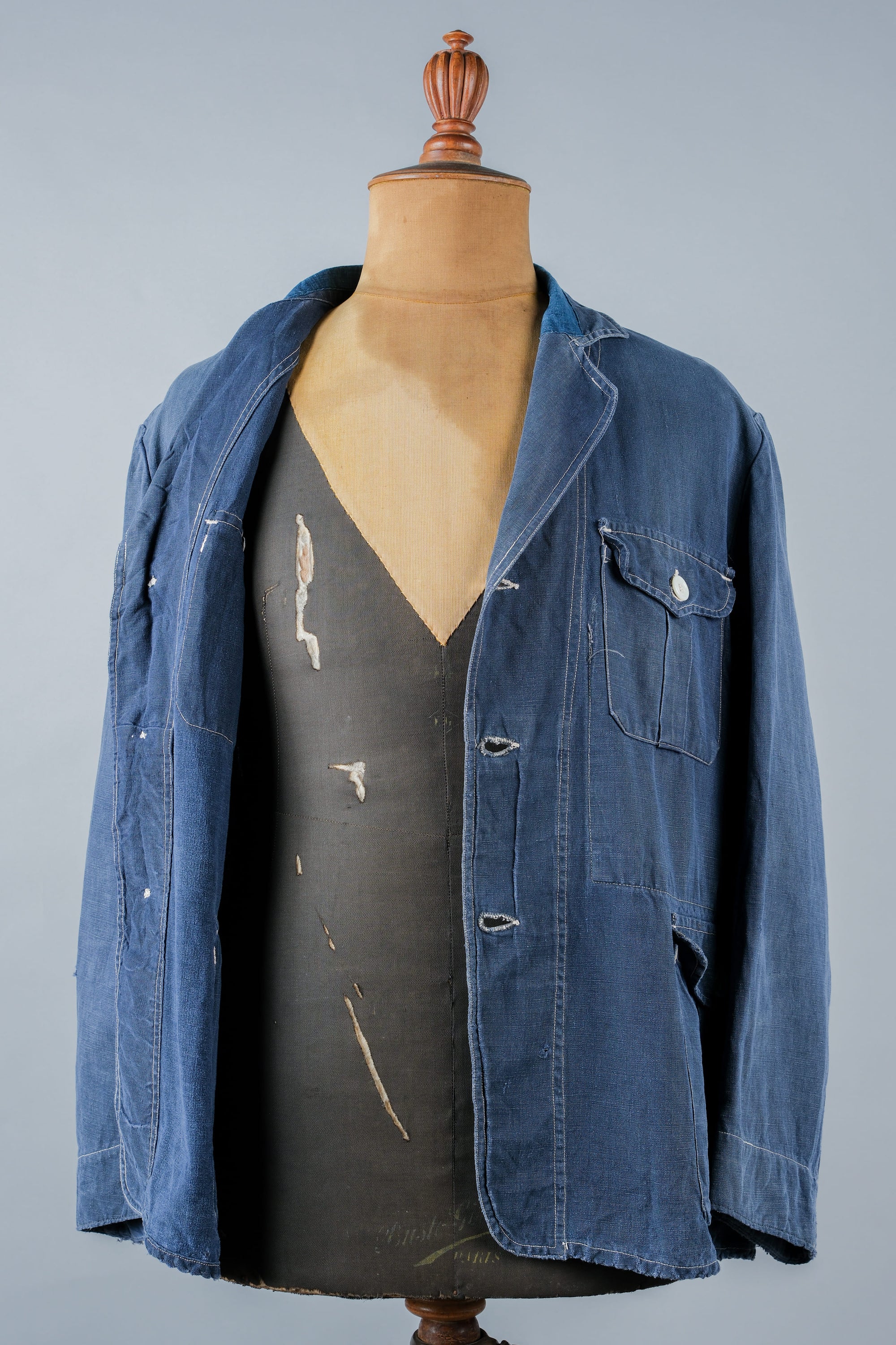 【~30’s】French Vintage Indigo Linen 4 Pockets Lapel Work Jacket